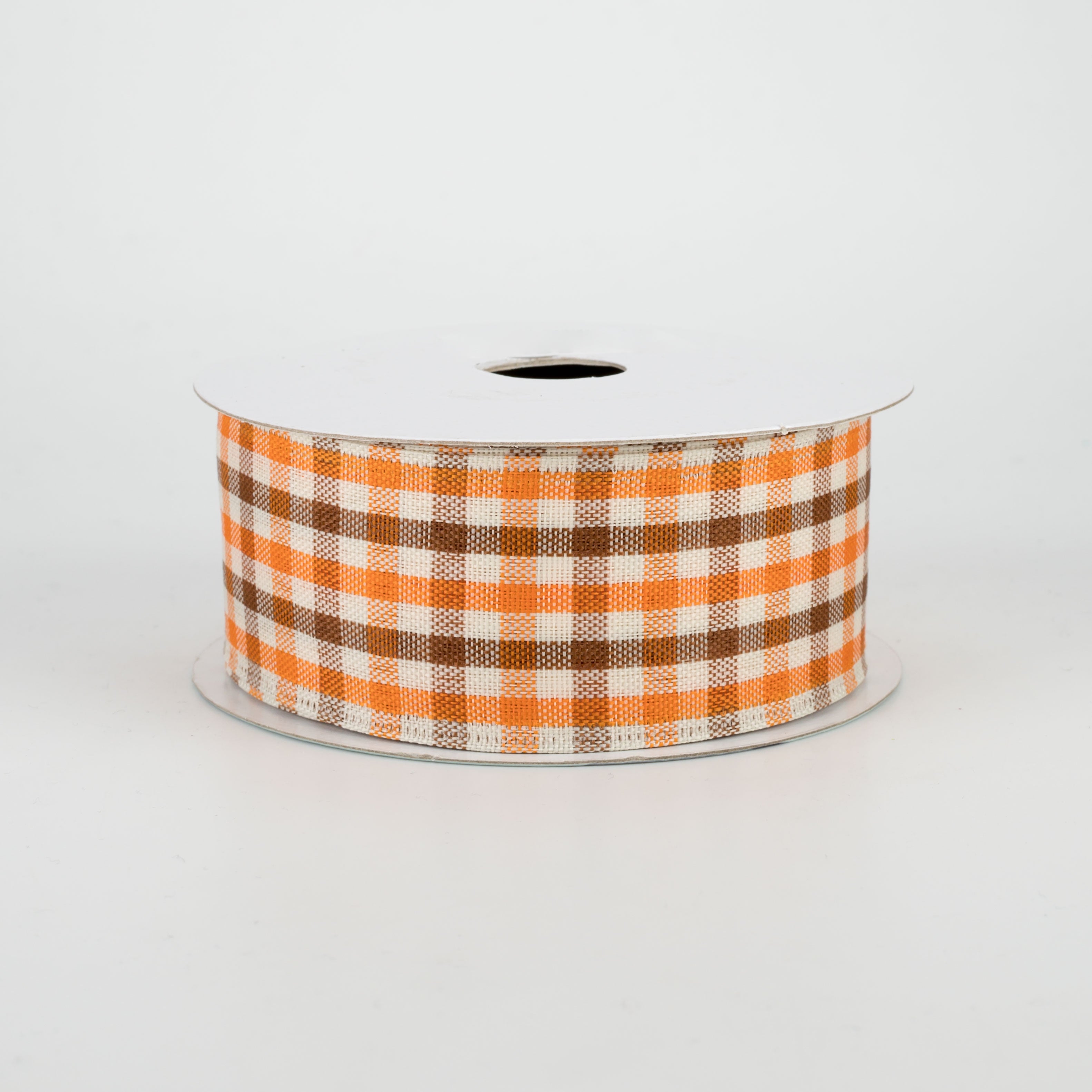 1.5" Woven Gingham Check Ribbon: Orange, Brown, Ivory (10 Yards)