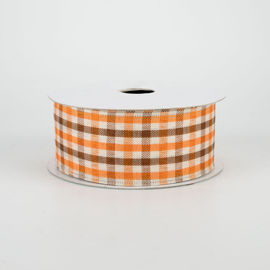 1.5" Woven Gingham Check Ribbon: Orange, Brown, Ivory (10 Yards)