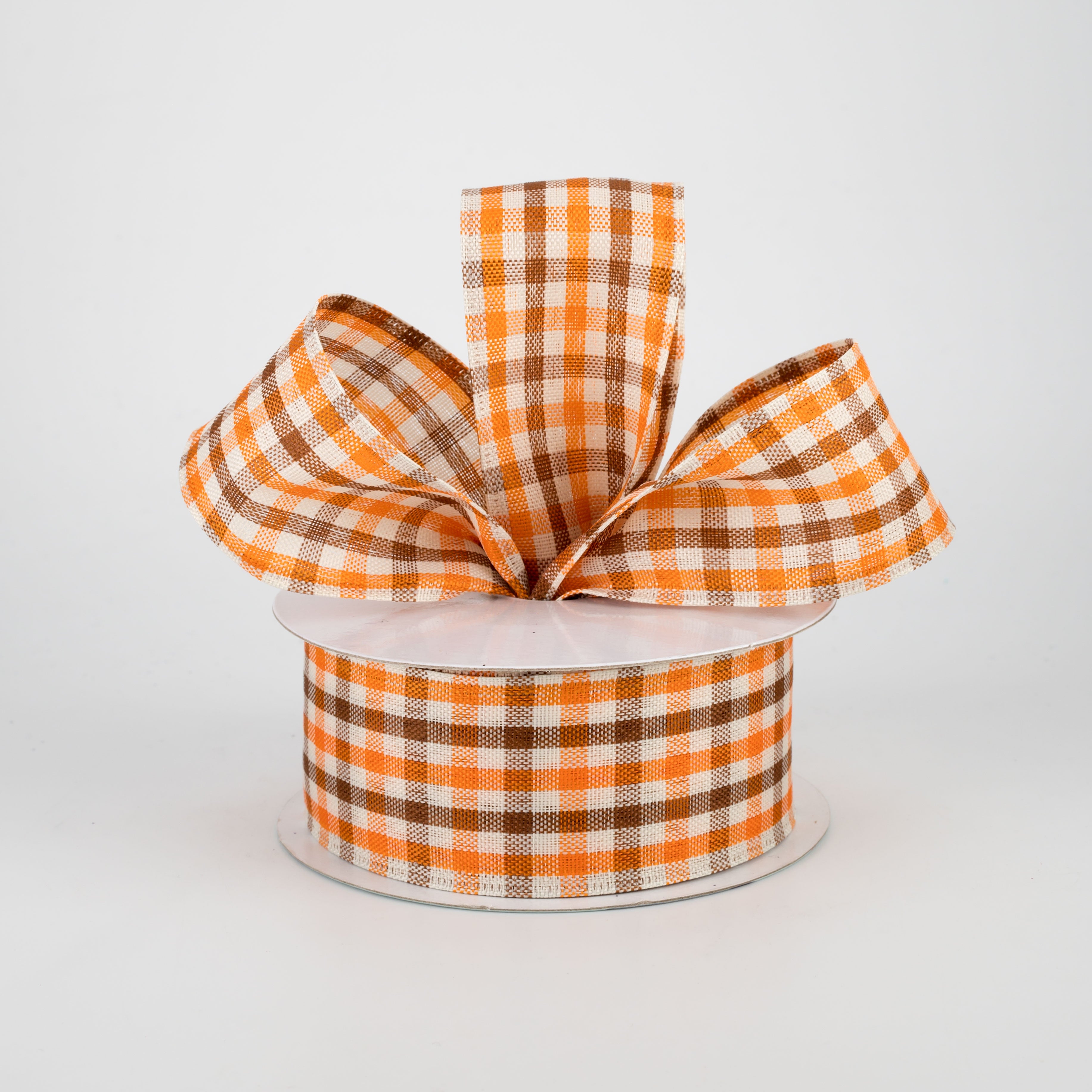 1.5" Woven Gingham Check Ribbon: Orange, Brown, Ivory (10 Yards) Lifestyle Photo