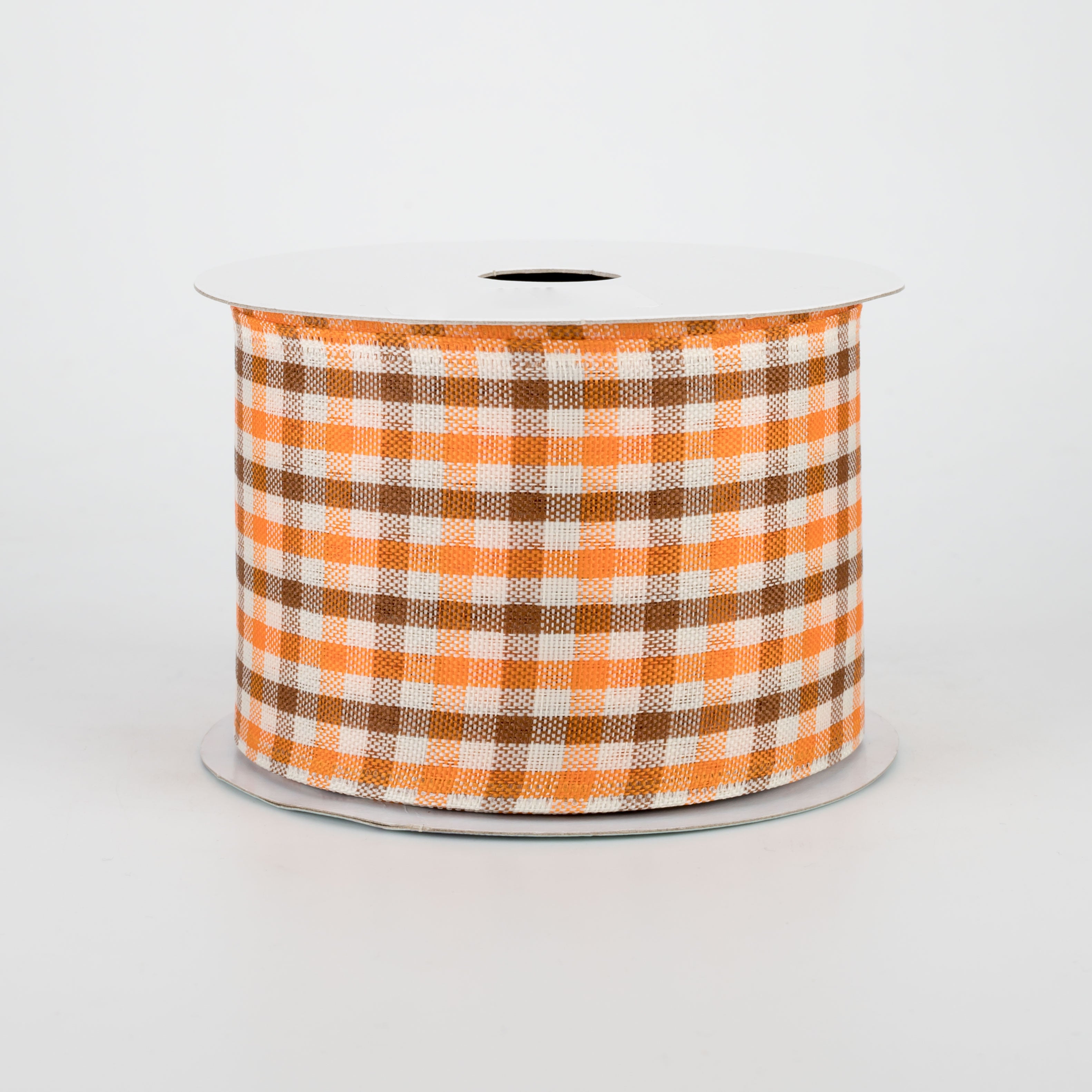 2.5" Woven Gingham Check Ribbon: Orange, Brown, Ivory (10 Yards)