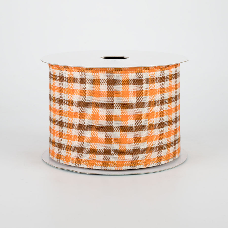 2.5" Woven Gingham Check Ribbon: Orange, Brown, Ivory (10 Yards)