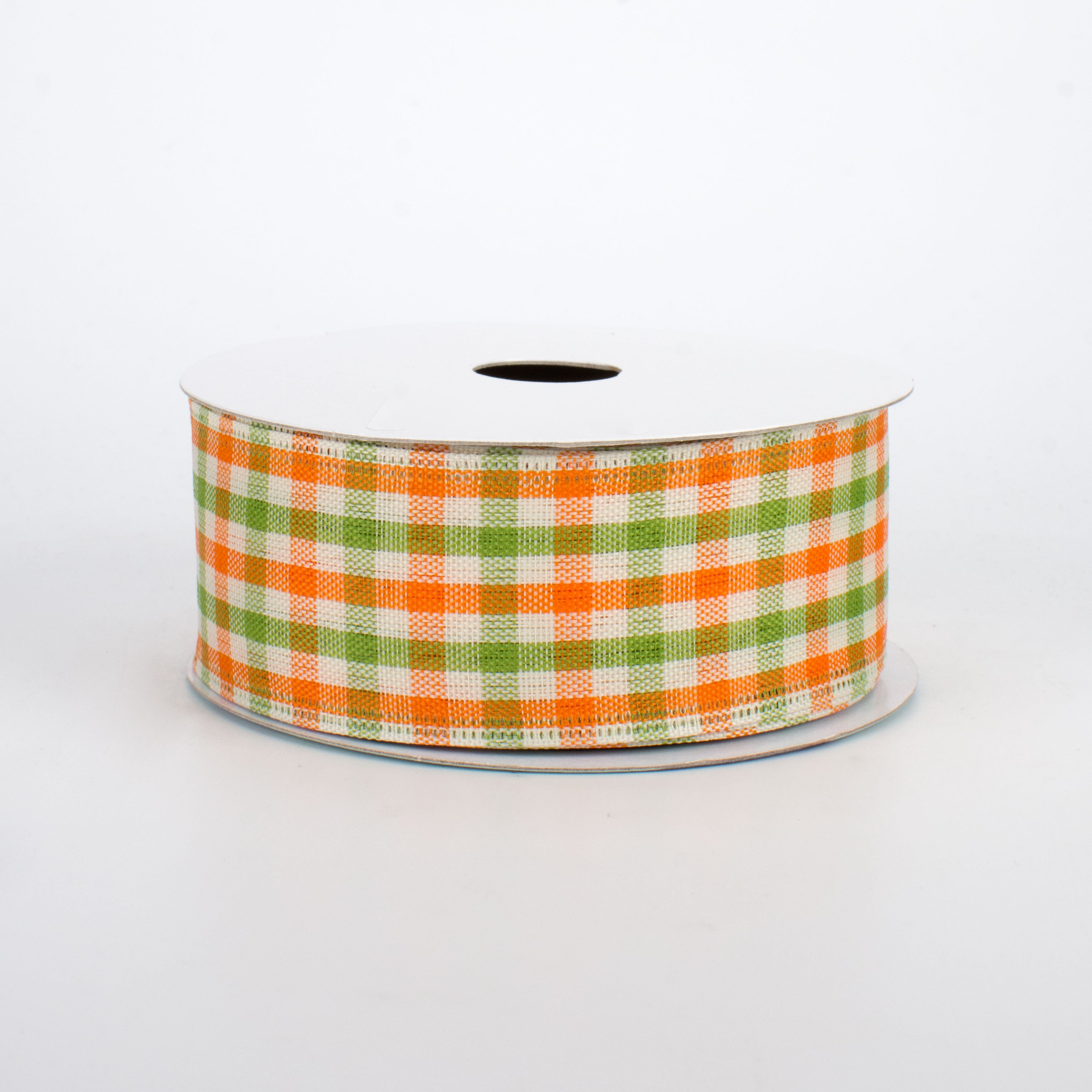 1.5" Woven Gingham Check Ribbon: Orange, Moss, Ivory (10 Yards)
