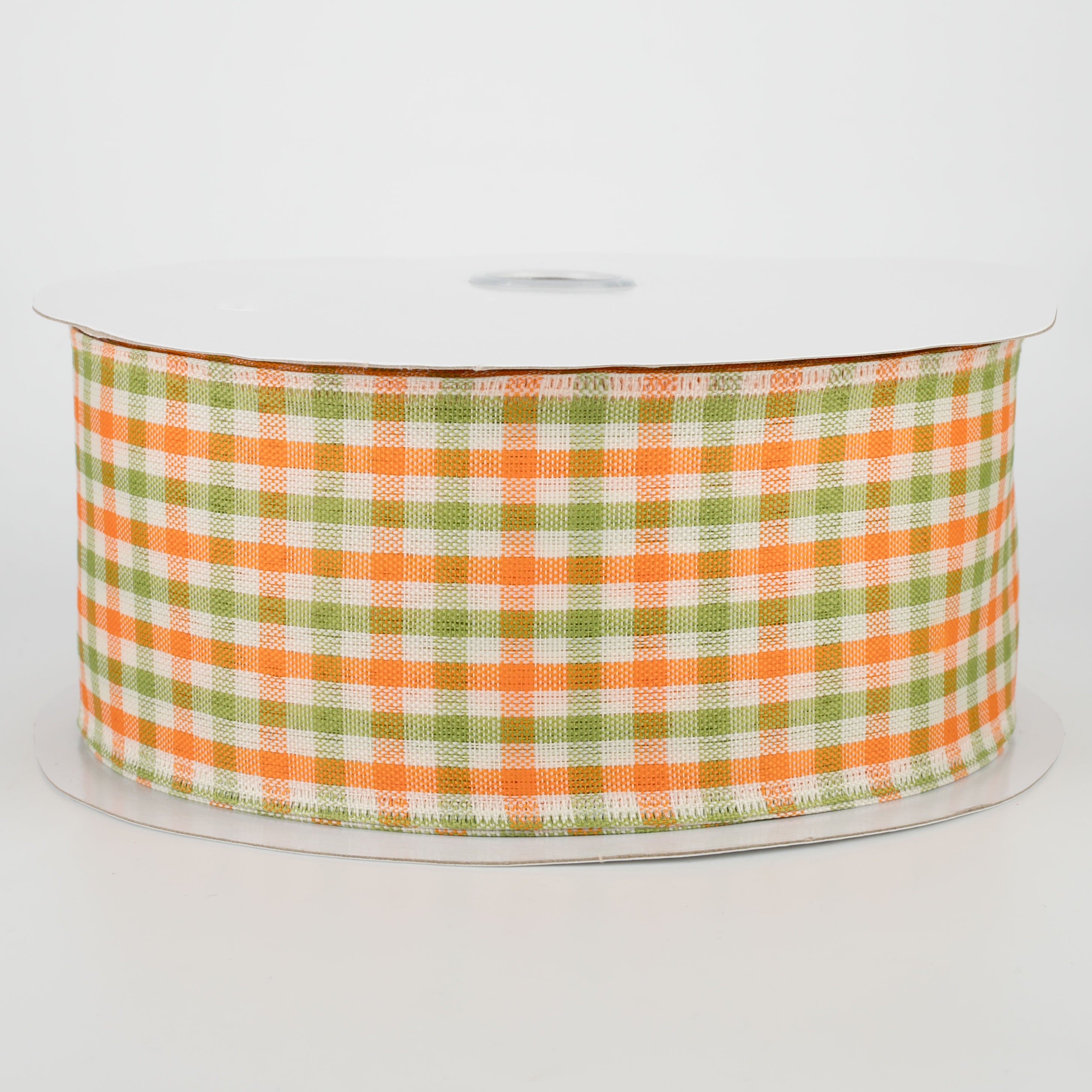2.5" Woven Gingham Check Ribbon: Orange, Moss, Ivory (50 Yards)