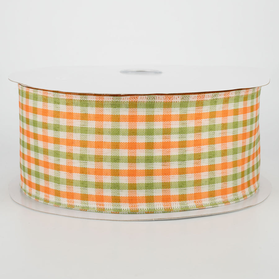 2.5" Woven Gingham Check Ribbon: Orange, Moss, Ivory (50 Yards)