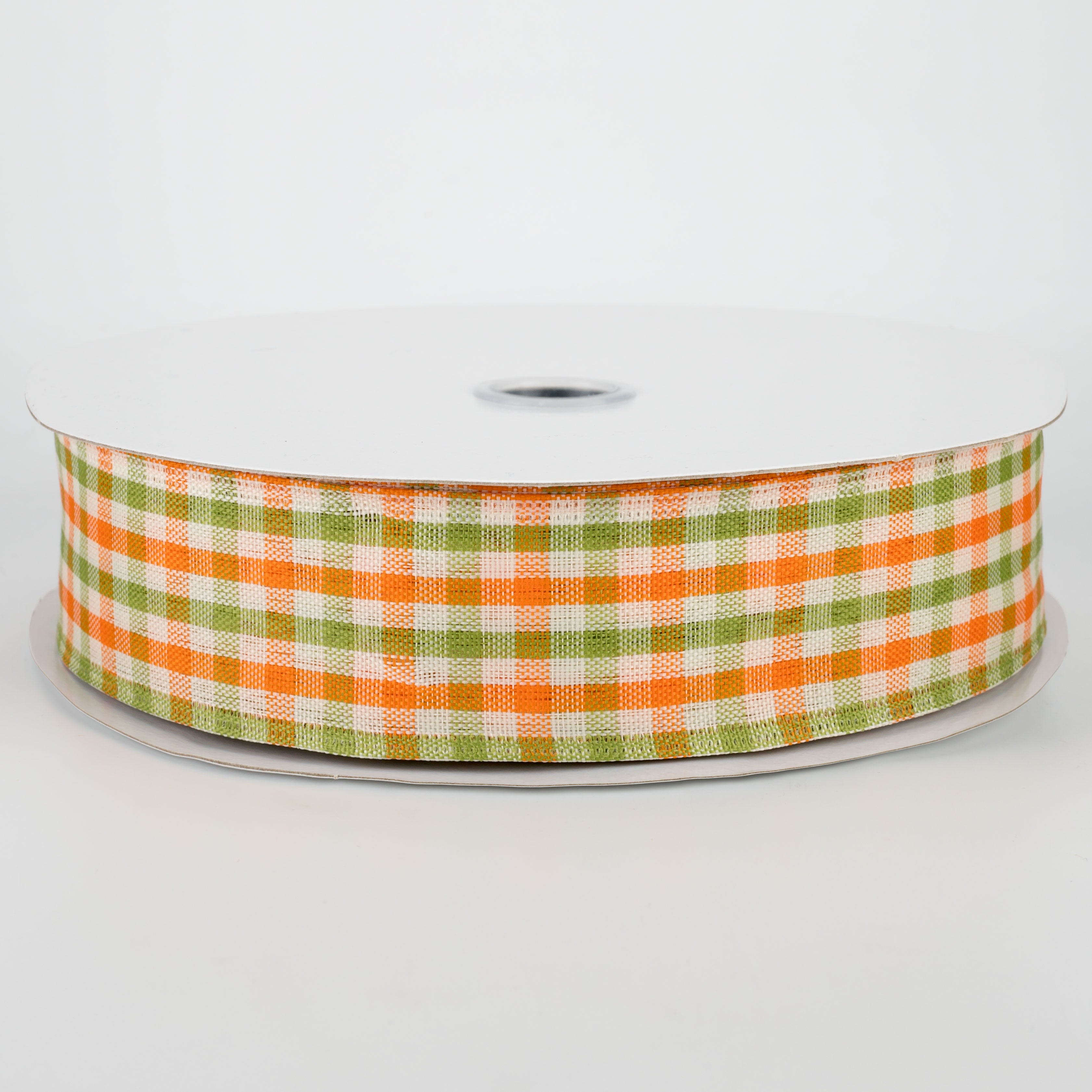 1.5" Woven Gingham Check Ribbon: Orange, Moss, Ivory (50 Yards)