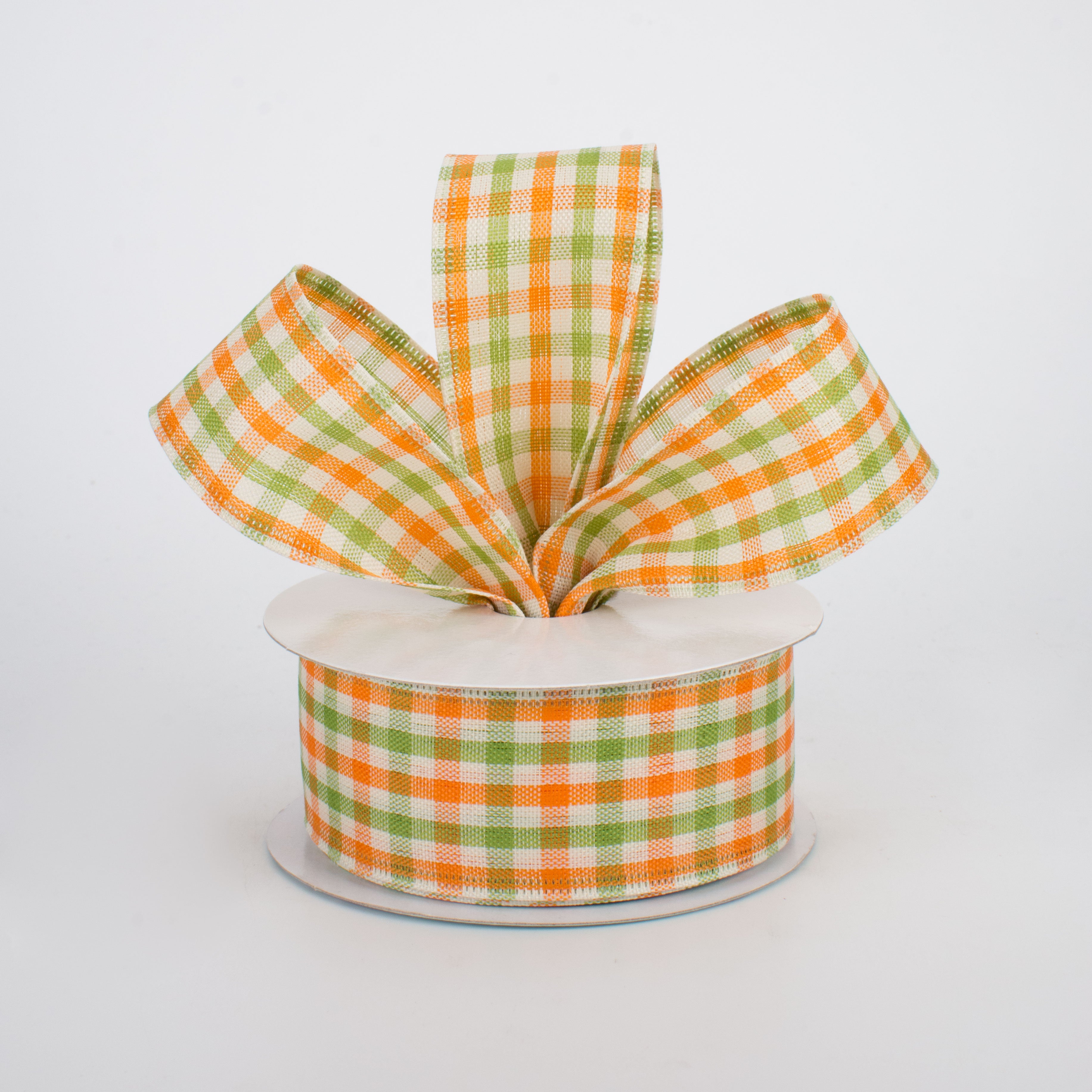 1.5" Woven Gingham Check Ribbon: Orange, Moss, Ivory (10 Yards) Lifestyle Photo