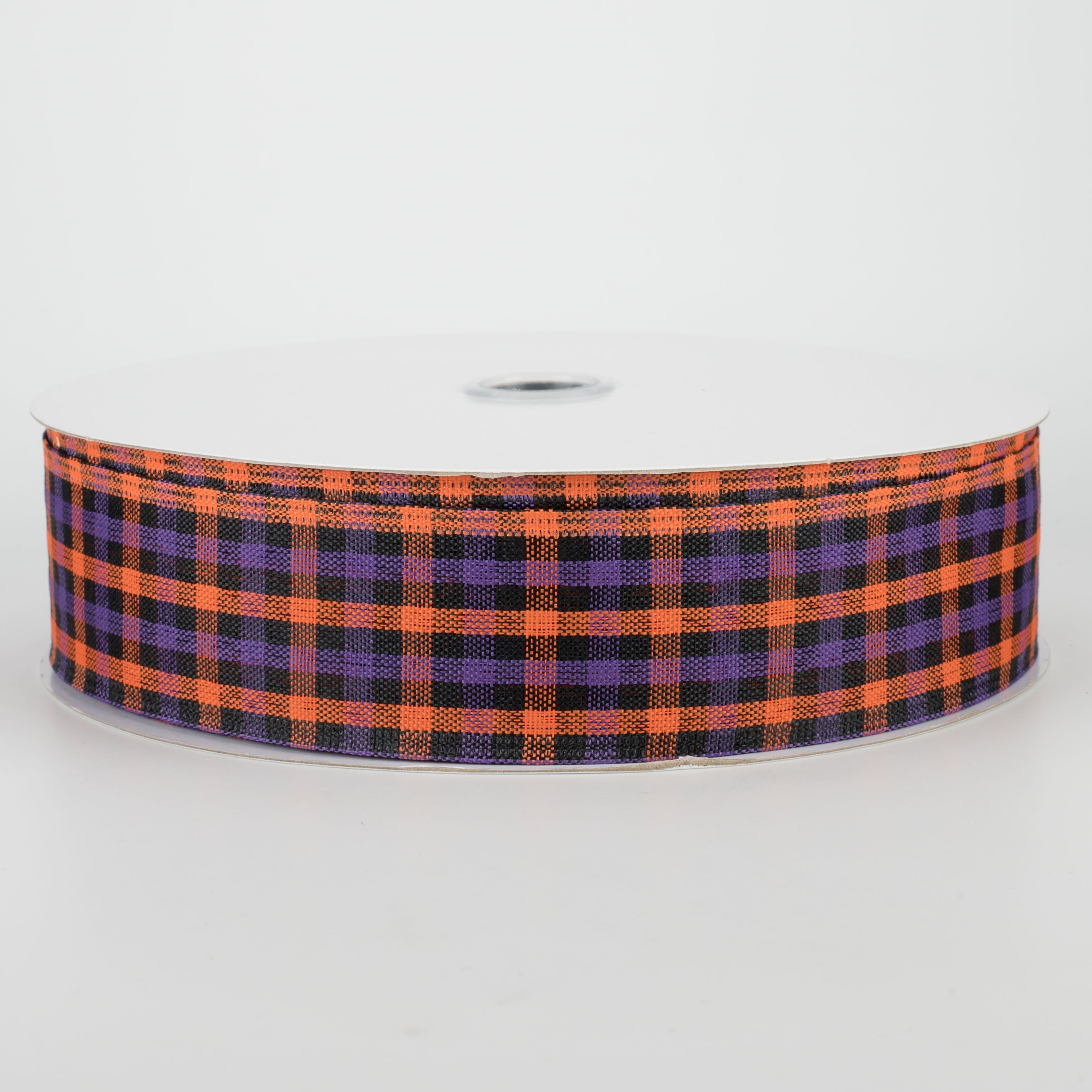 1.5" Woven Gingham Check Ribbon: Orange, Purple, Black (50 Yards)