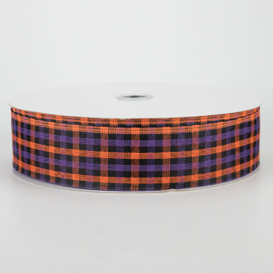 1.5" Woven Gingham Check Ribbon: Orange, Purple, Black (50 Yards)