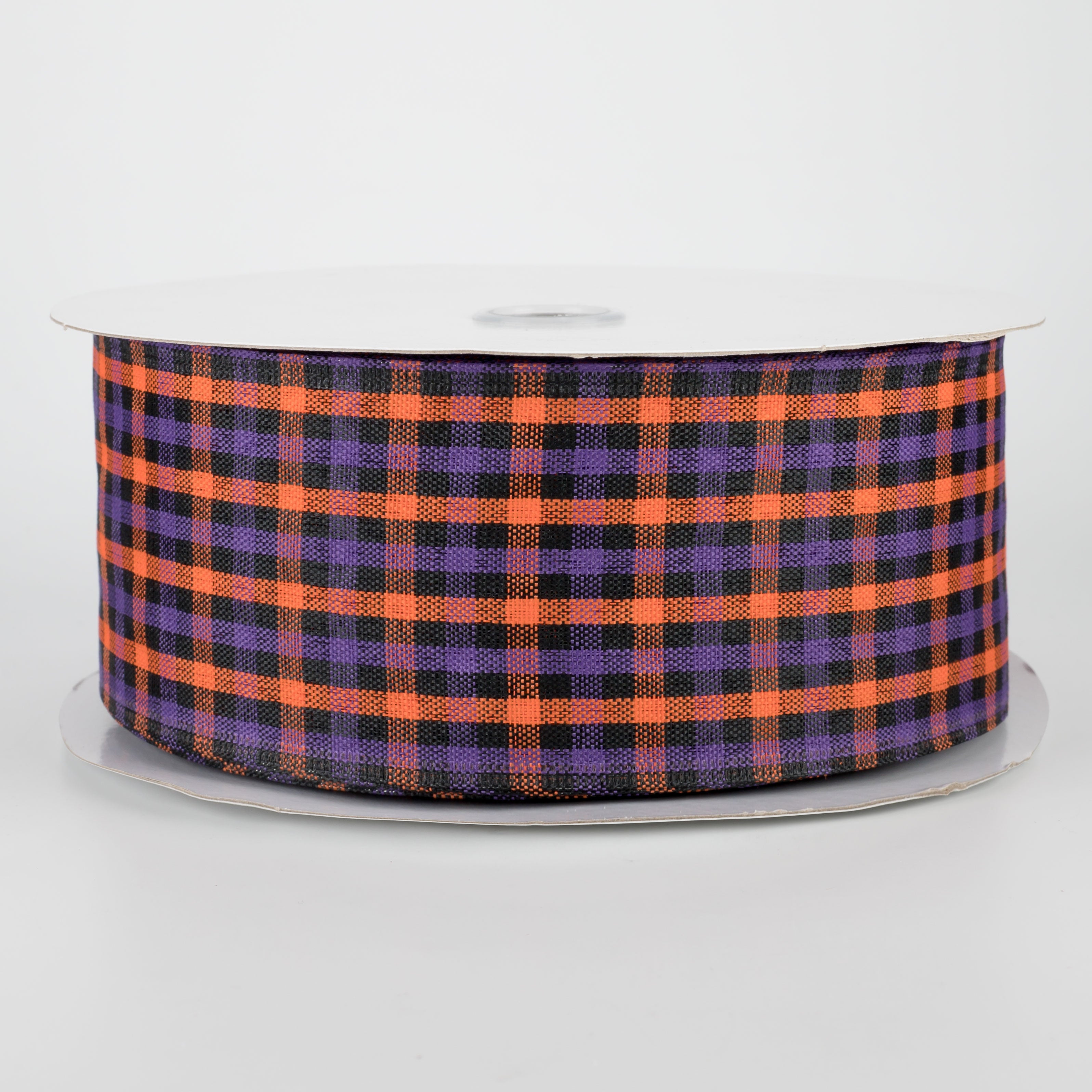 2.5" Woven Gingham Check Ribbon: Orange, Purple, Black (50 Yards)