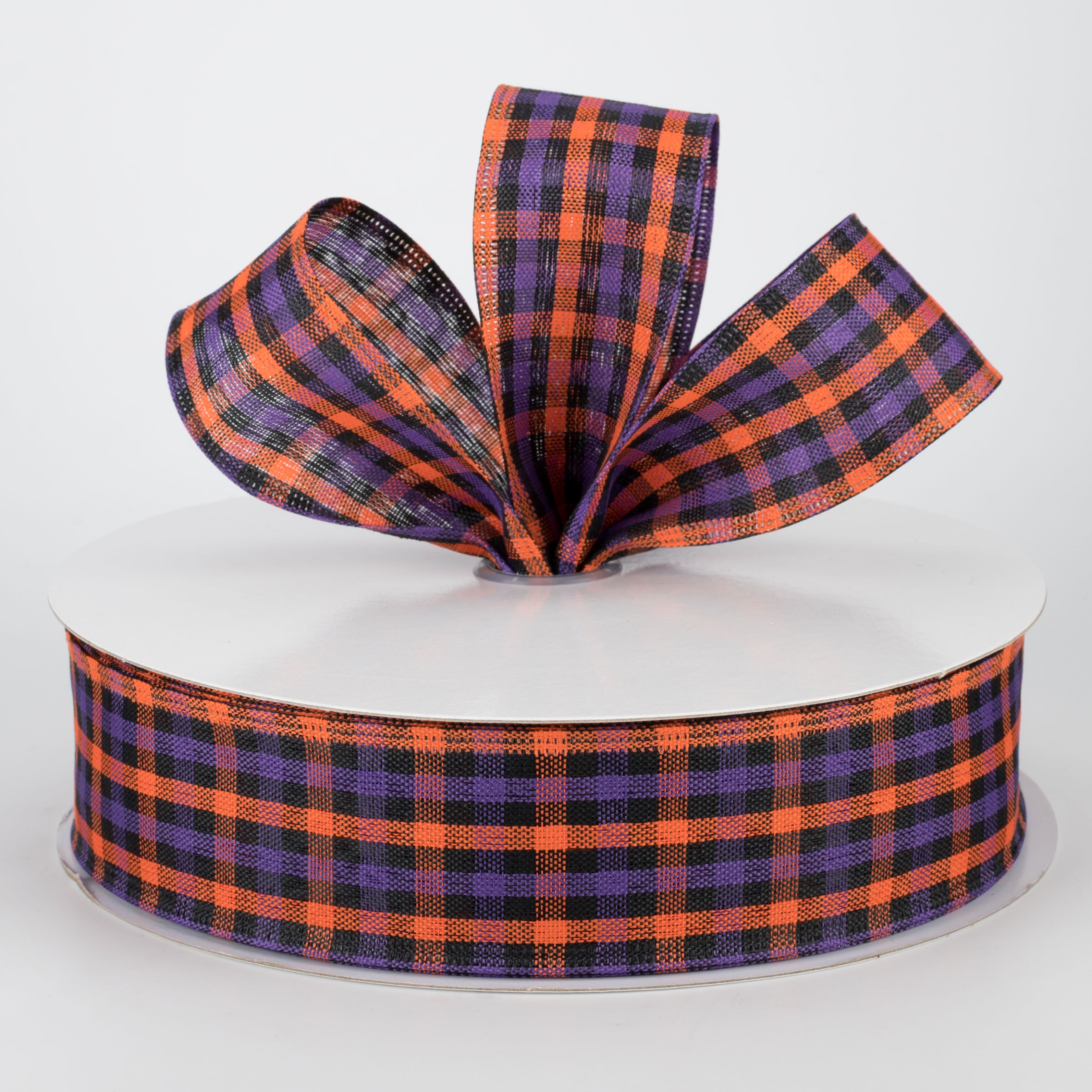 1.5" Woven Gingham Check Ribbon: Orange, Purple, Black (50 Yards) Lifestyle Photo