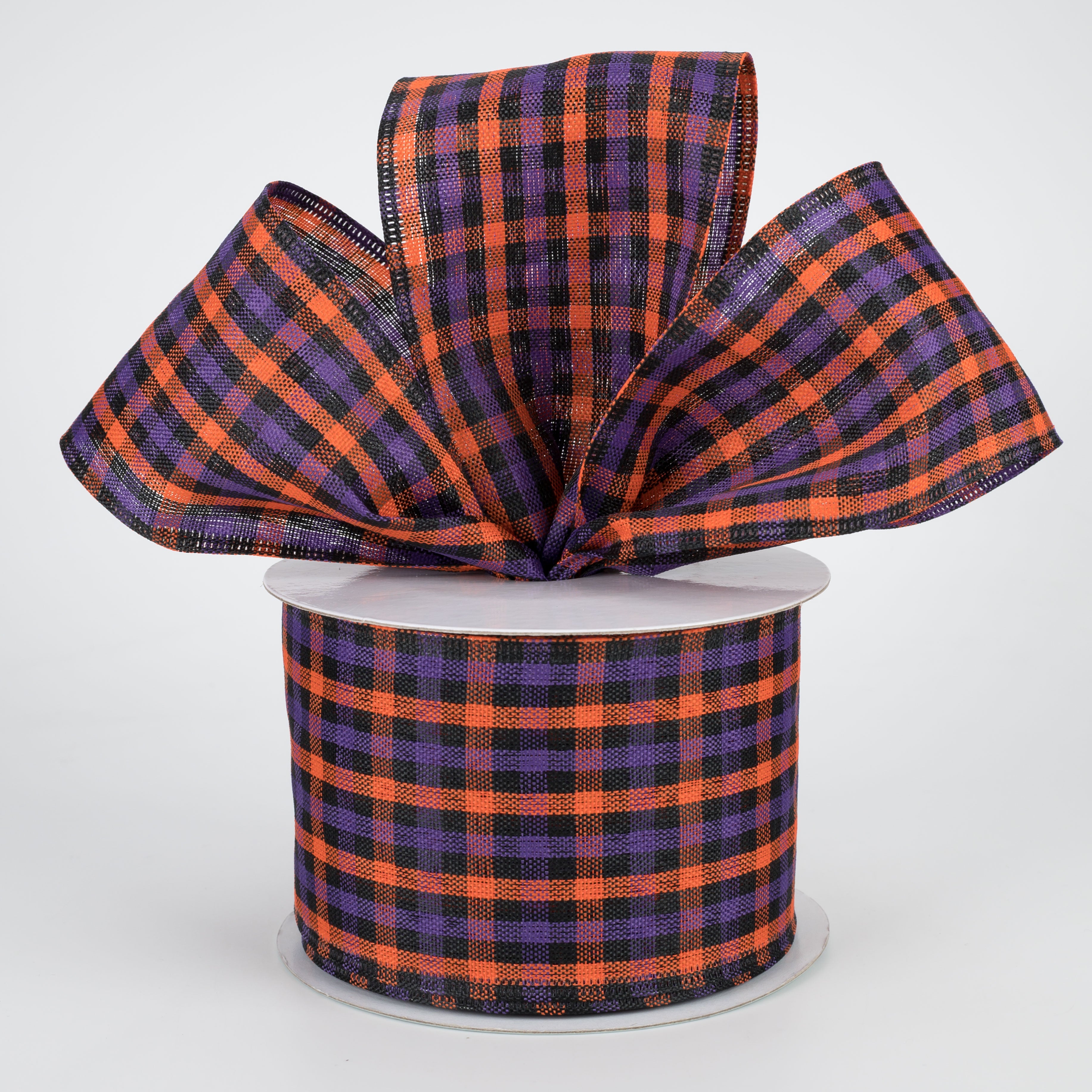 2.5" Woven Gingham Check Ribbon: Orange, Purple, Black (10 Yards) Lifestyle Photo