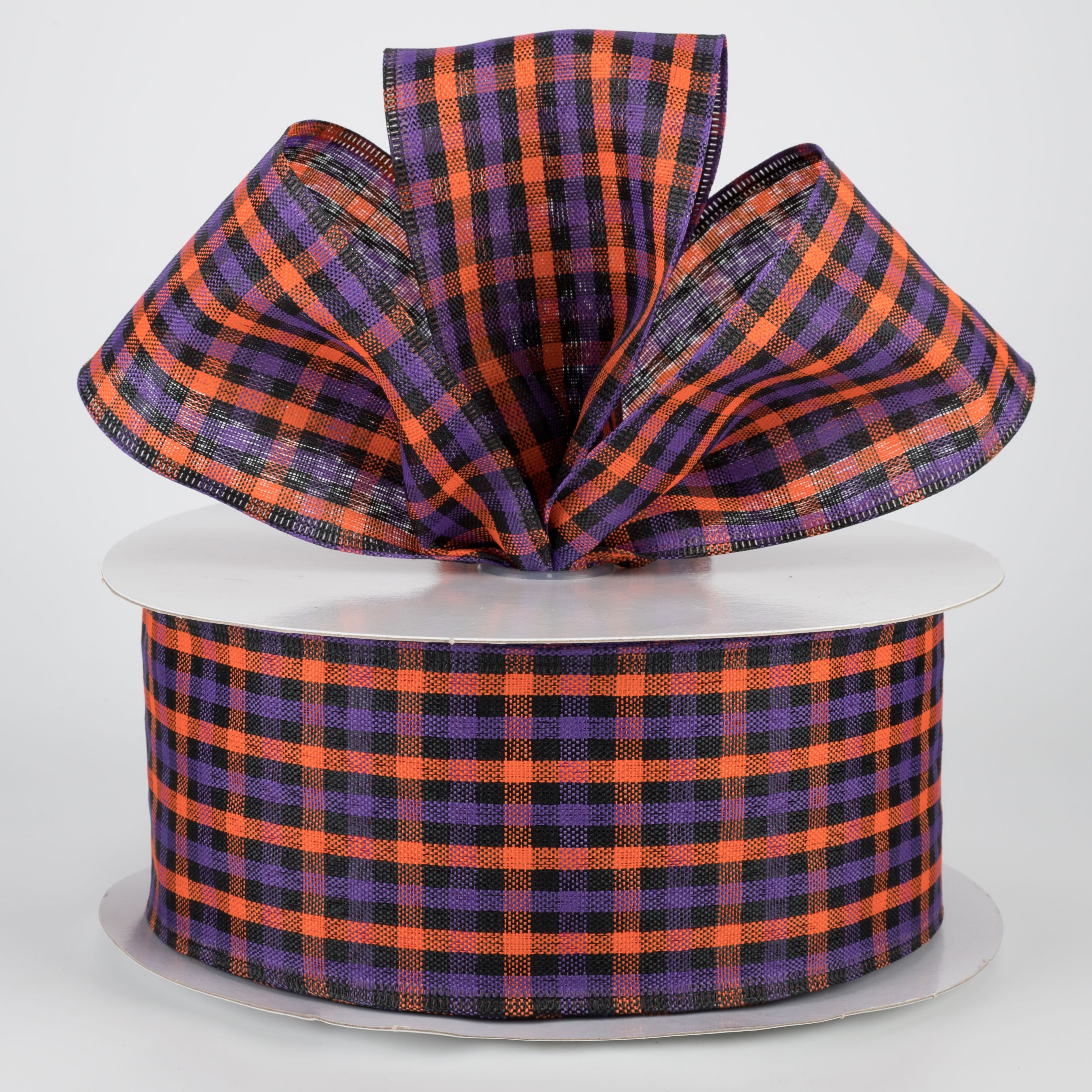 2.5" Woven Gingham Check Ribbon: Orange, Purple, Black (50 Yards) Lifestyle Photo