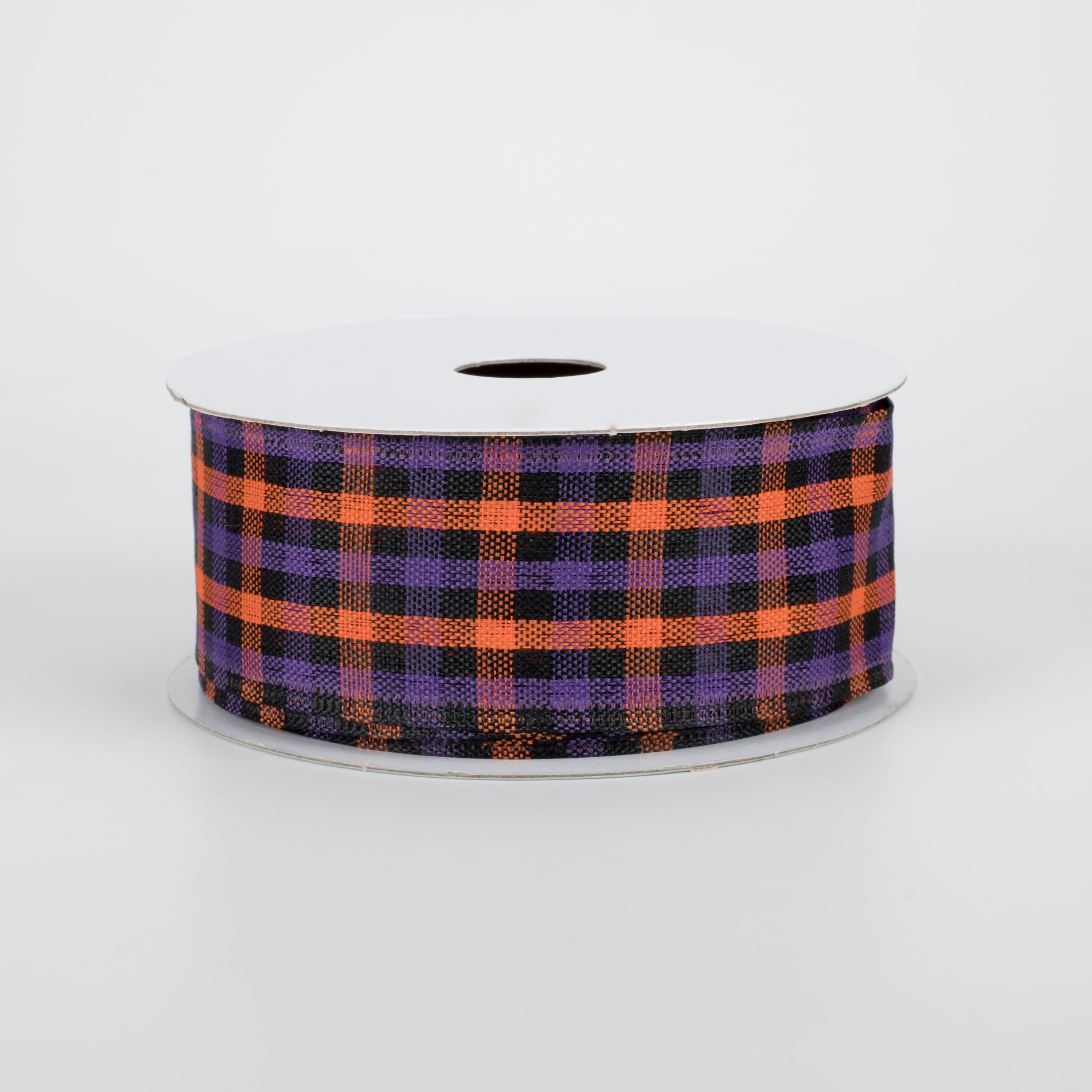 1.5" Woven Gingham Check Ribbon: Orange, Purple, Black (10 Yards)