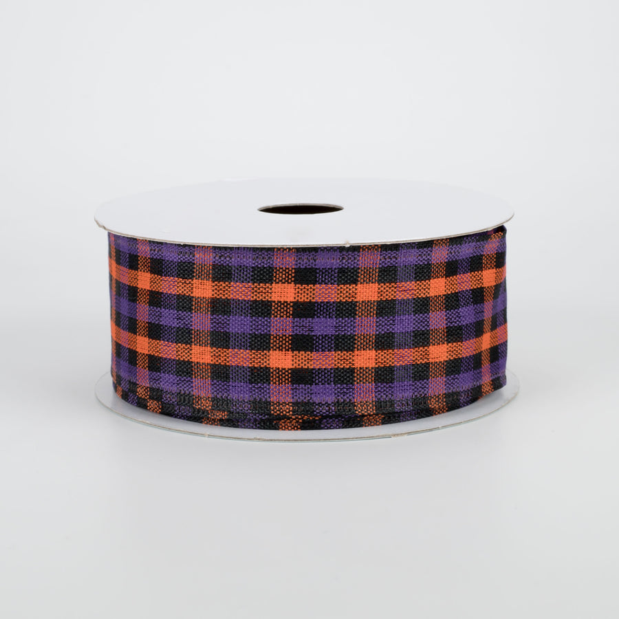 1.5" Woven Gingham Check Ribbon: Orange, Purple, Black (10 Yards)