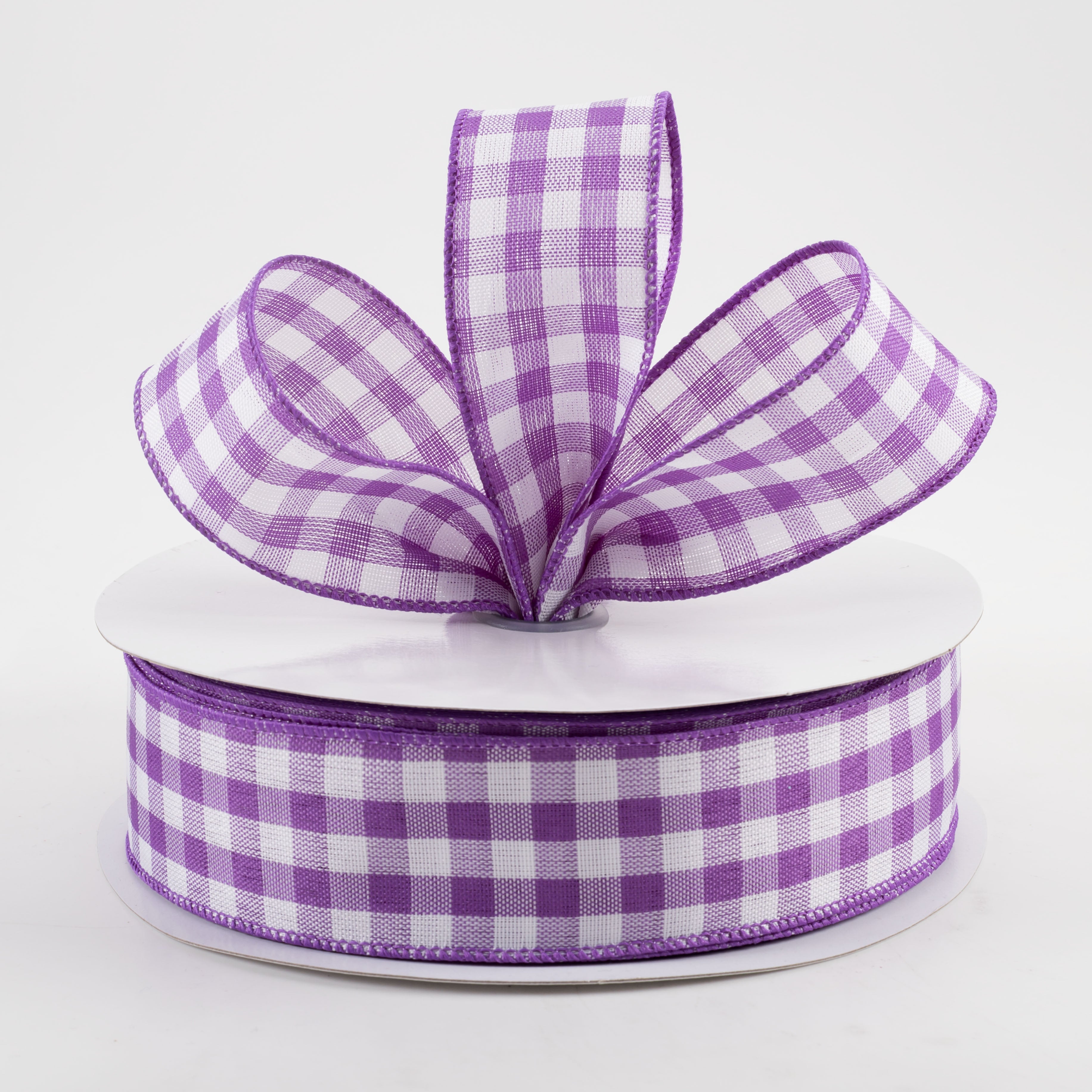 1.5" Woven Gingham Check Ribbon: Purple & White (50 Yards) Lifestyle Photo