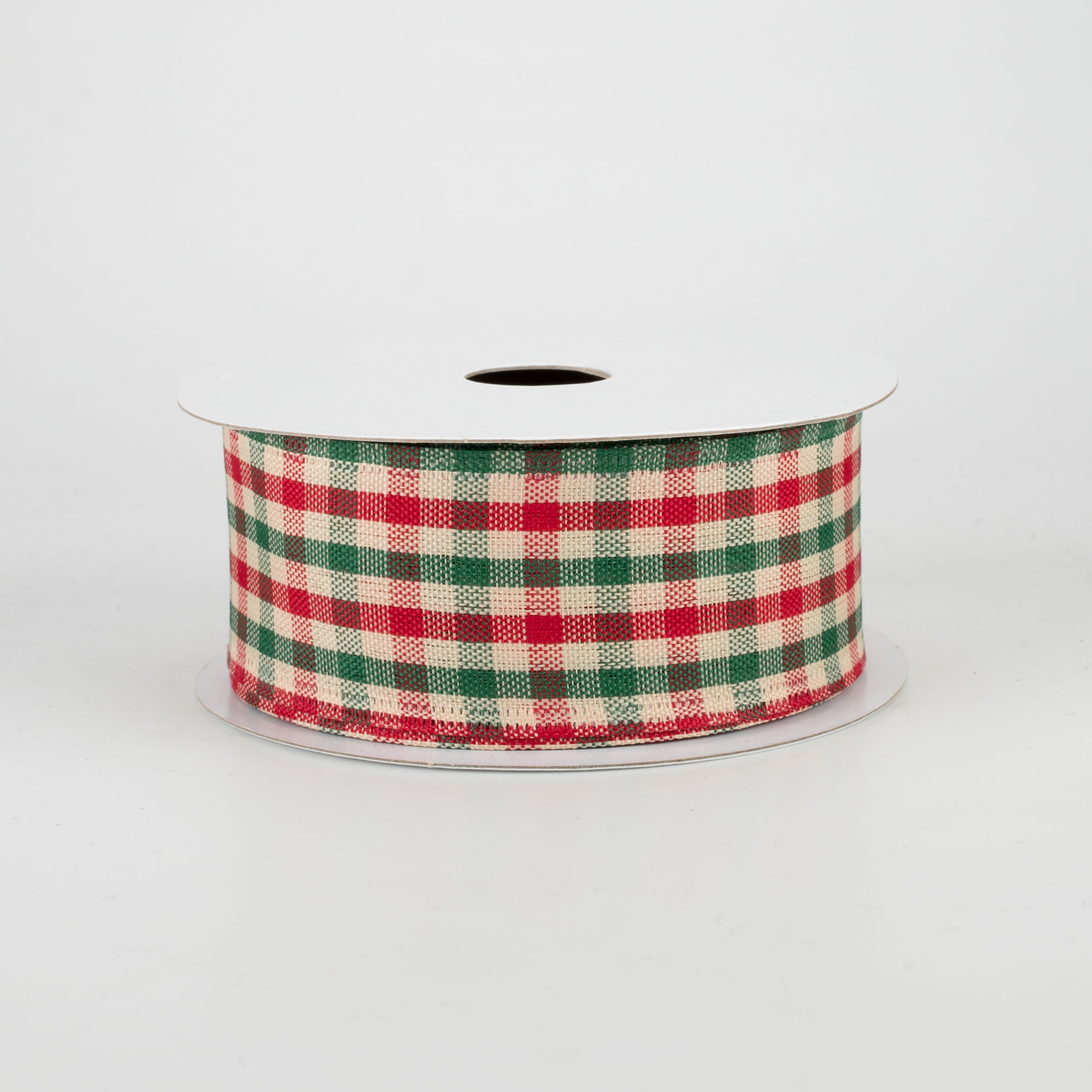 1.5" Woven Gingham Check Ribbon: Red, Emerald, Cream (10 Yards)
