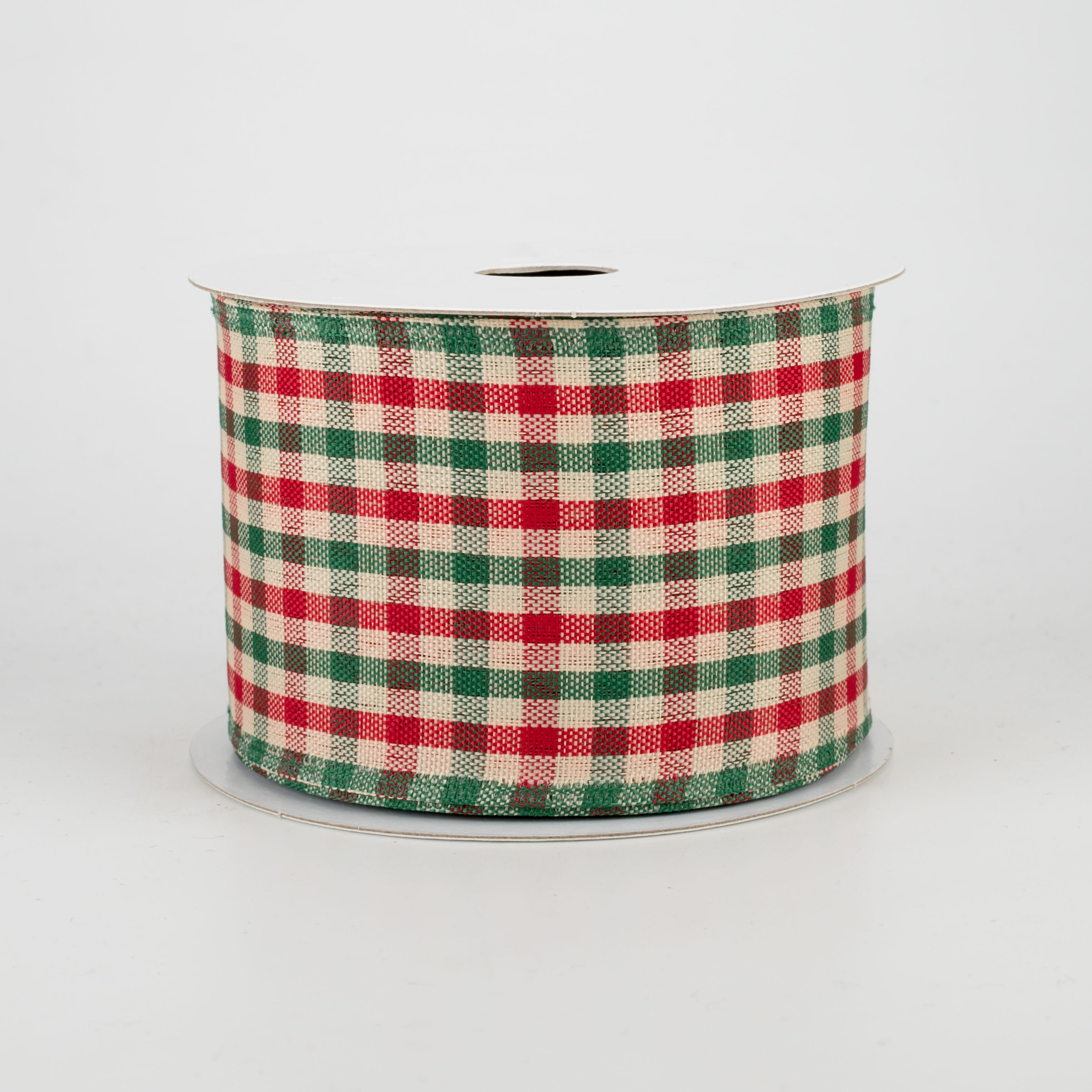 2.5" Woven Gingham Check Ribbon: Red, Emerald, Cream (10 Yards)