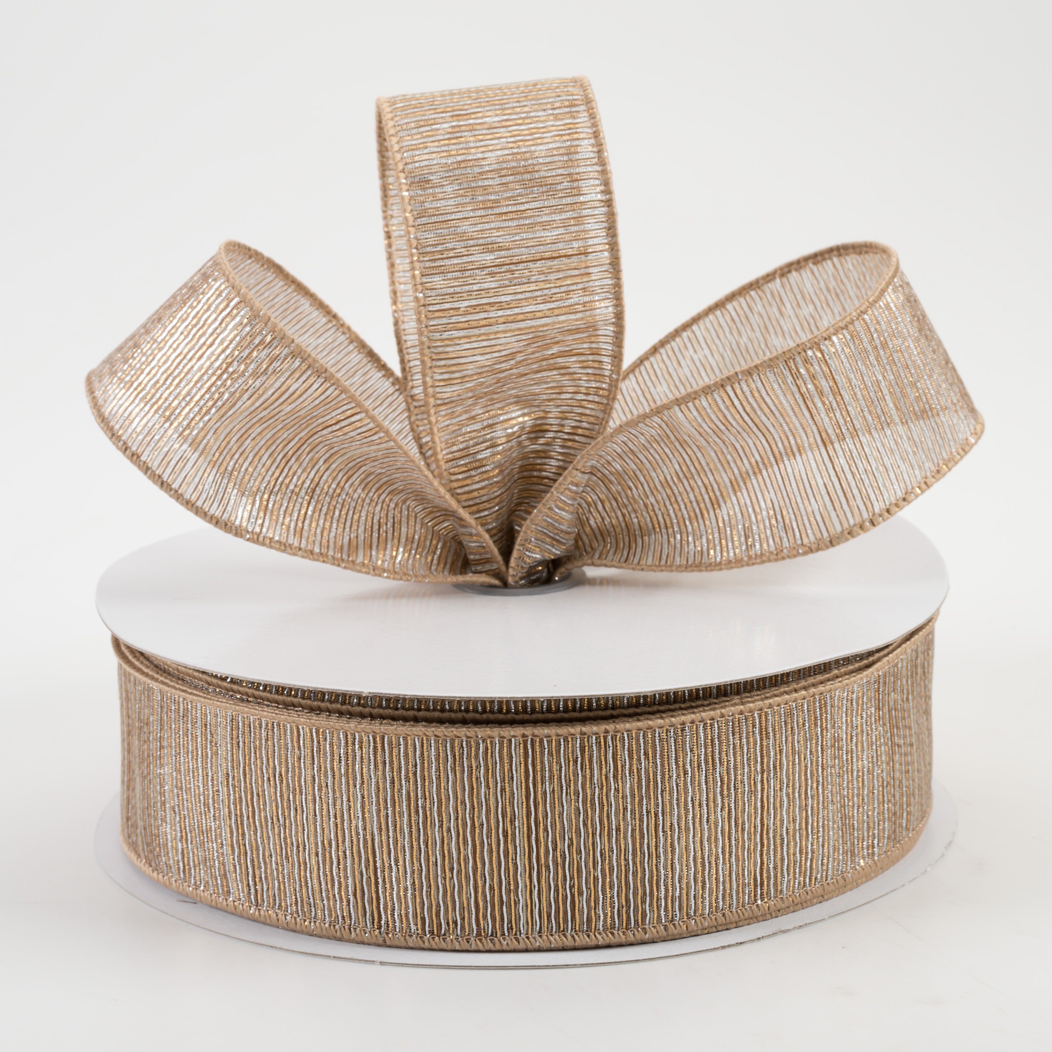1.5" Woven Lines Ribbon: Beige & Gold (50 Yards) Lifestyle Photo
