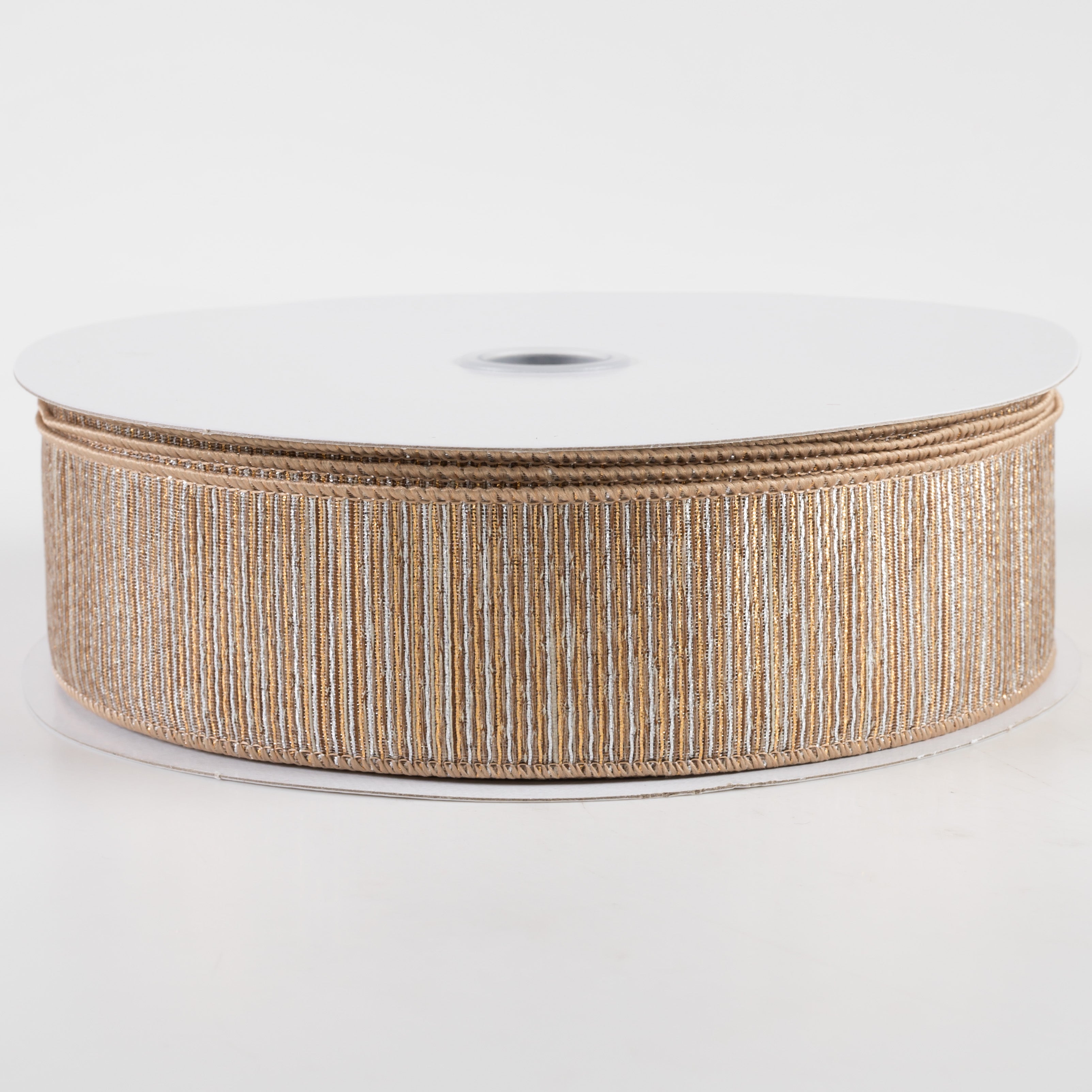 1.5" Woven Lines Ribbon: Beige & Gold (50 Yards)