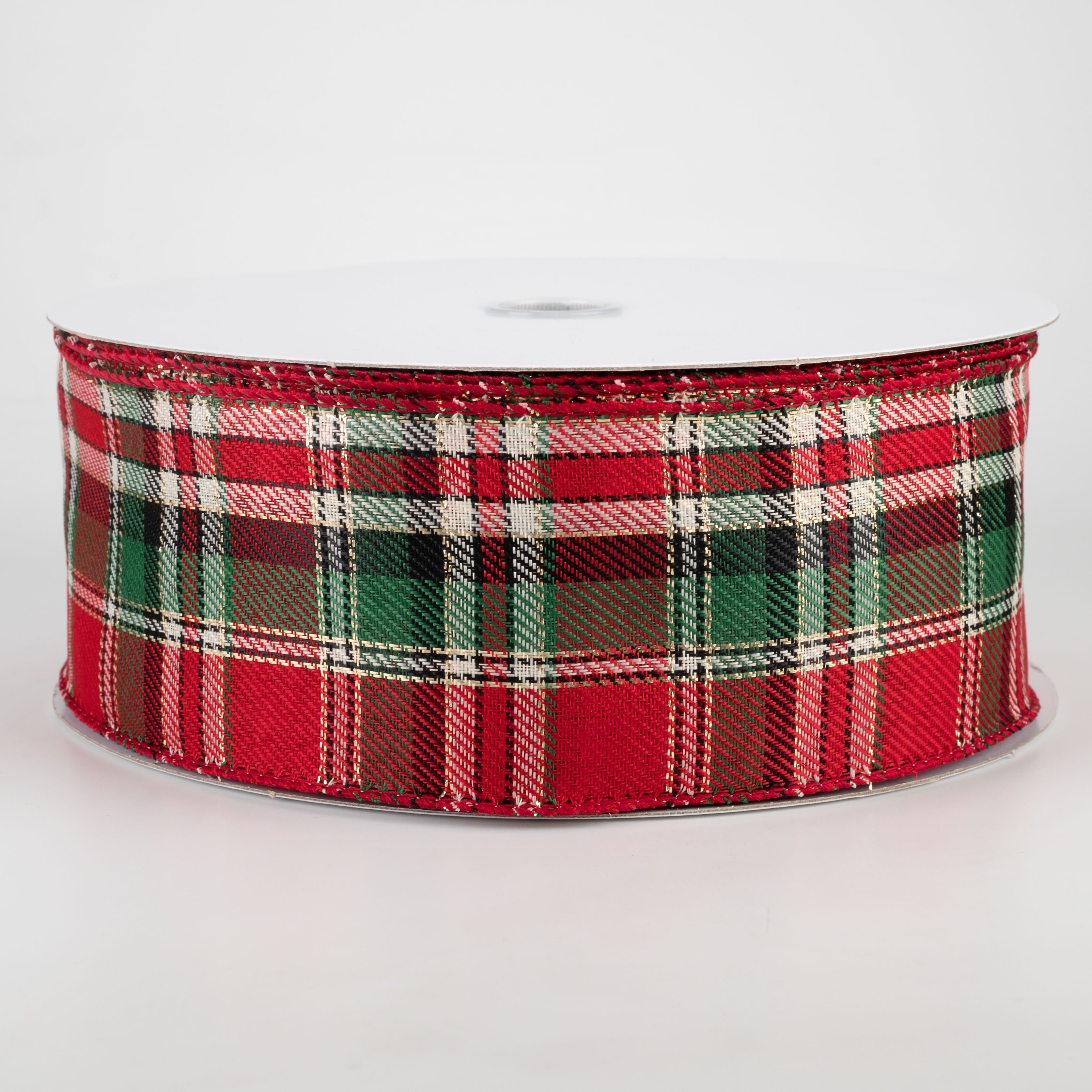 2.5" Woven Plaid Metallic Ribbon: Emerald, Cream, Red (50 Yards)
