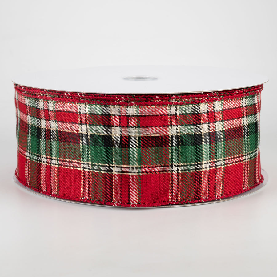2.5" Woven Plaid Metallic Ribbon: Emerald, Cream, Red (50 Yards)