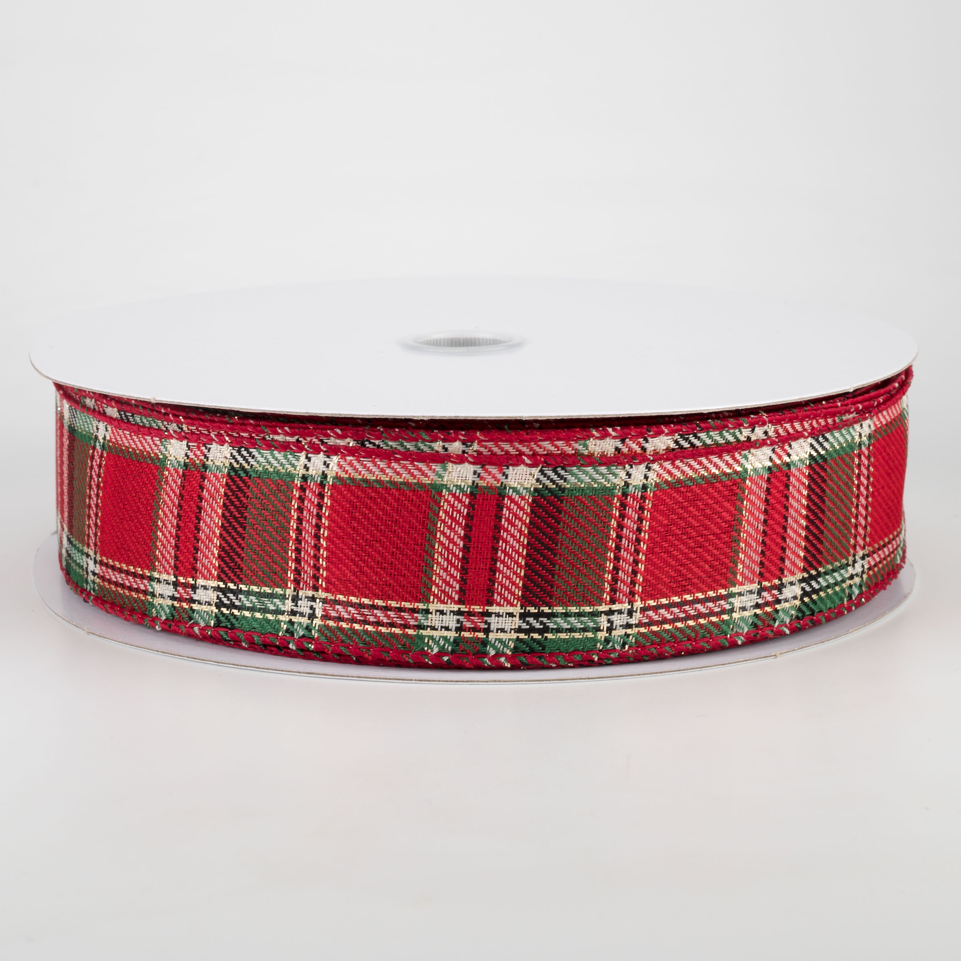 1.5" Woven Plaid Metallic Ribbon: Emerald, Cream, Red (50 Yards)