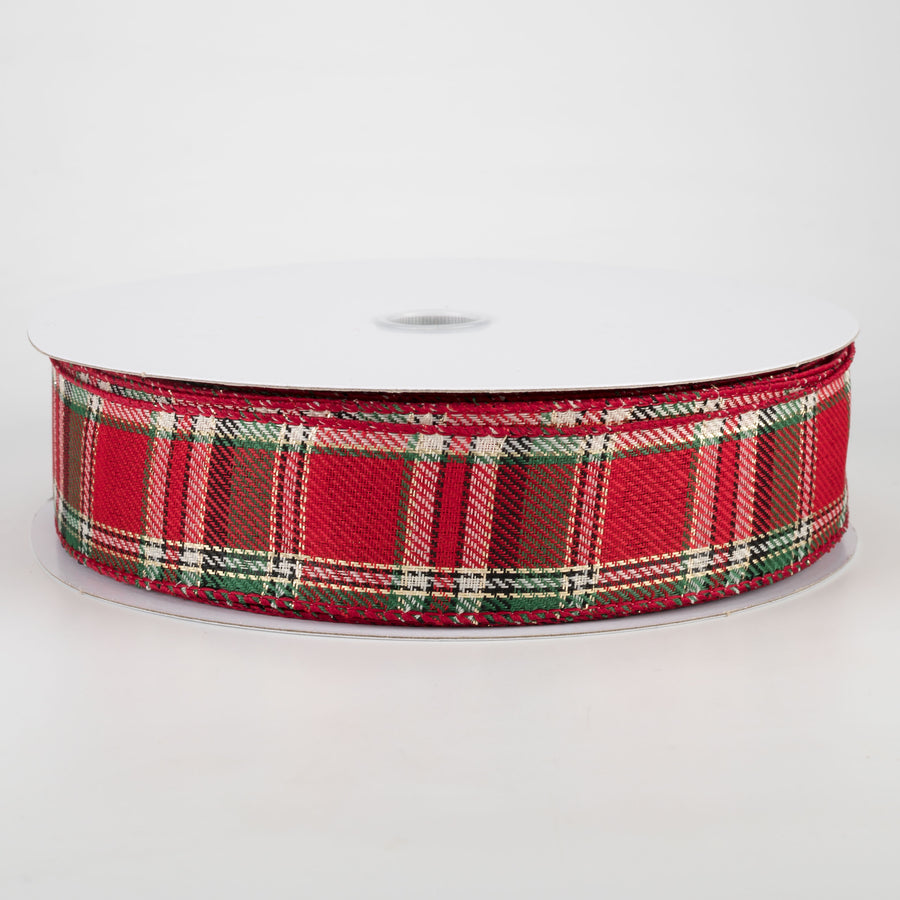 1.5" Woven Plaid Metallic Ribbon: Emerald, Cream, Red (50 Yards)