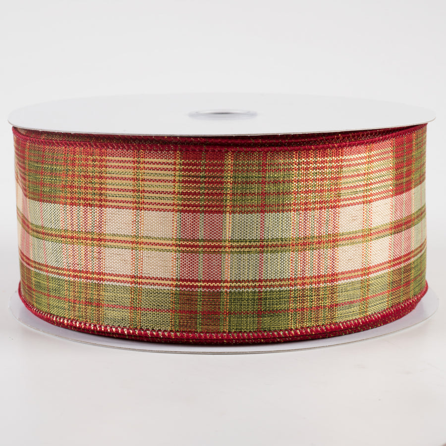 2.5" Woven Plaid Metallic Ribbon: Red, Green, Cream, Gold (50 Yards)