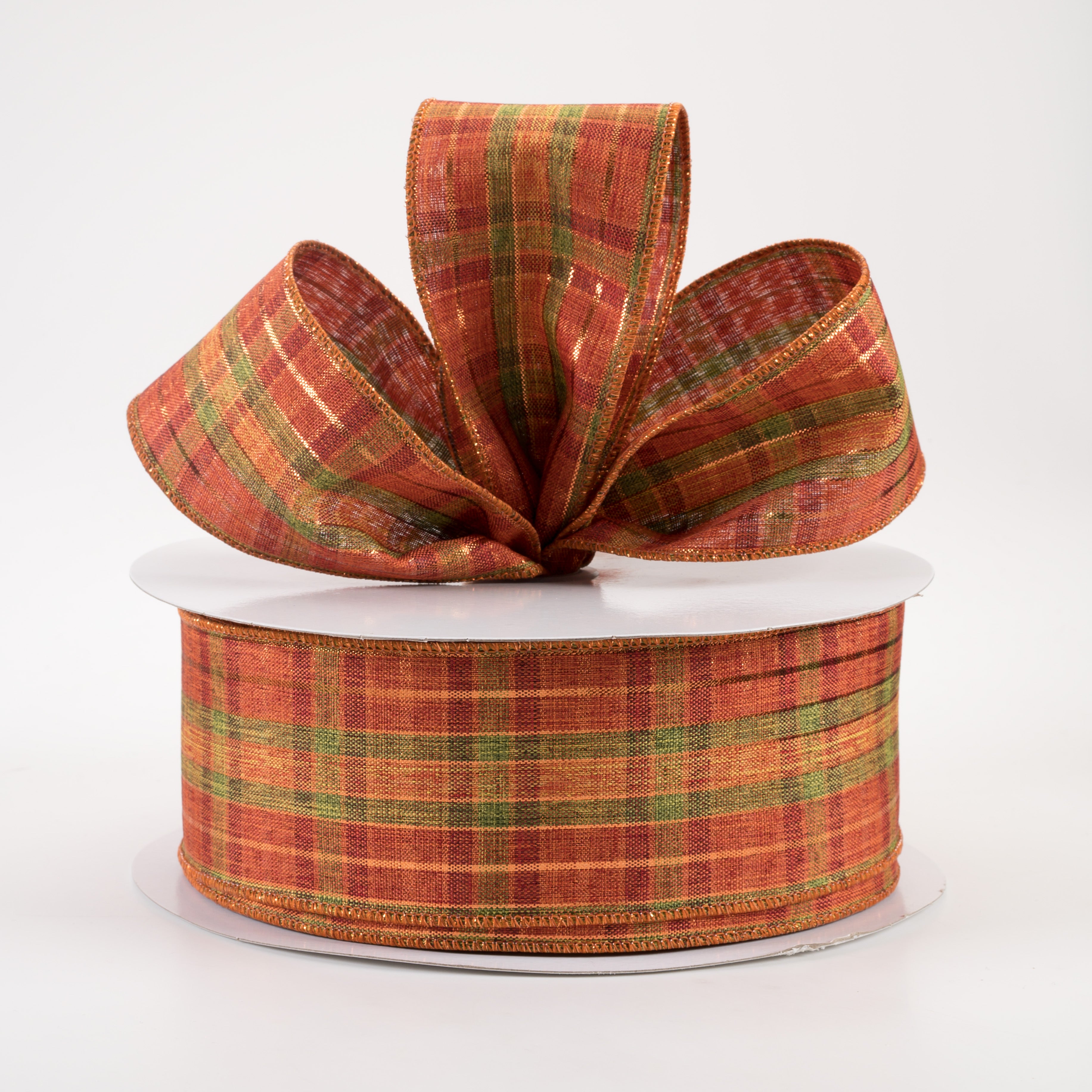 2.5" Woven Plaid Metallic Ribbon: Rust, Orange, Moss, Copper (50 Yards) Lifestyle Photo