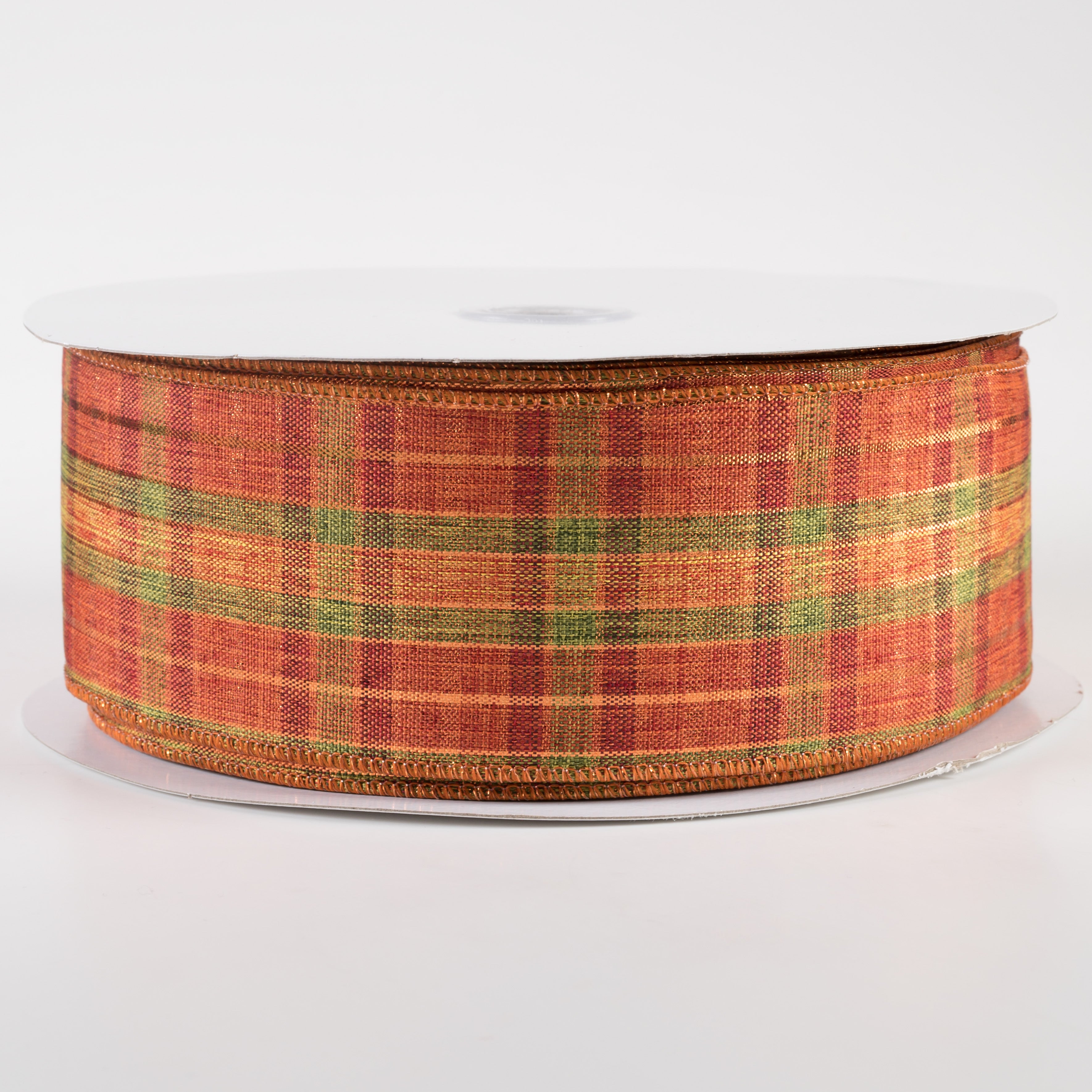 2.5" Woven Plaid Metallic Ribbon: Rust, Orange, Moss, Copper (50 Yards)