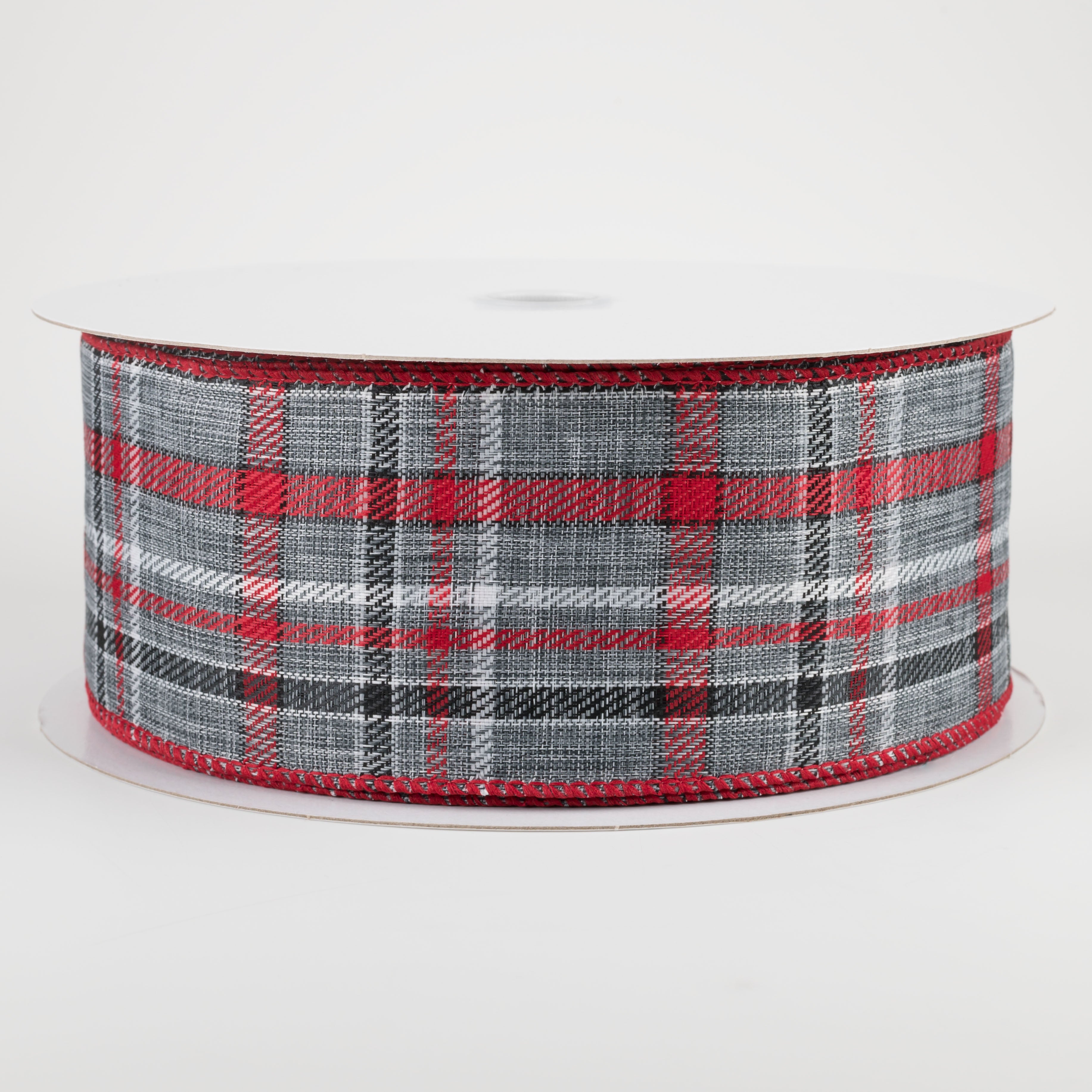 2.5" Woven Plaid Ribbon: Grey, White, Red, Black (50 Yards)
