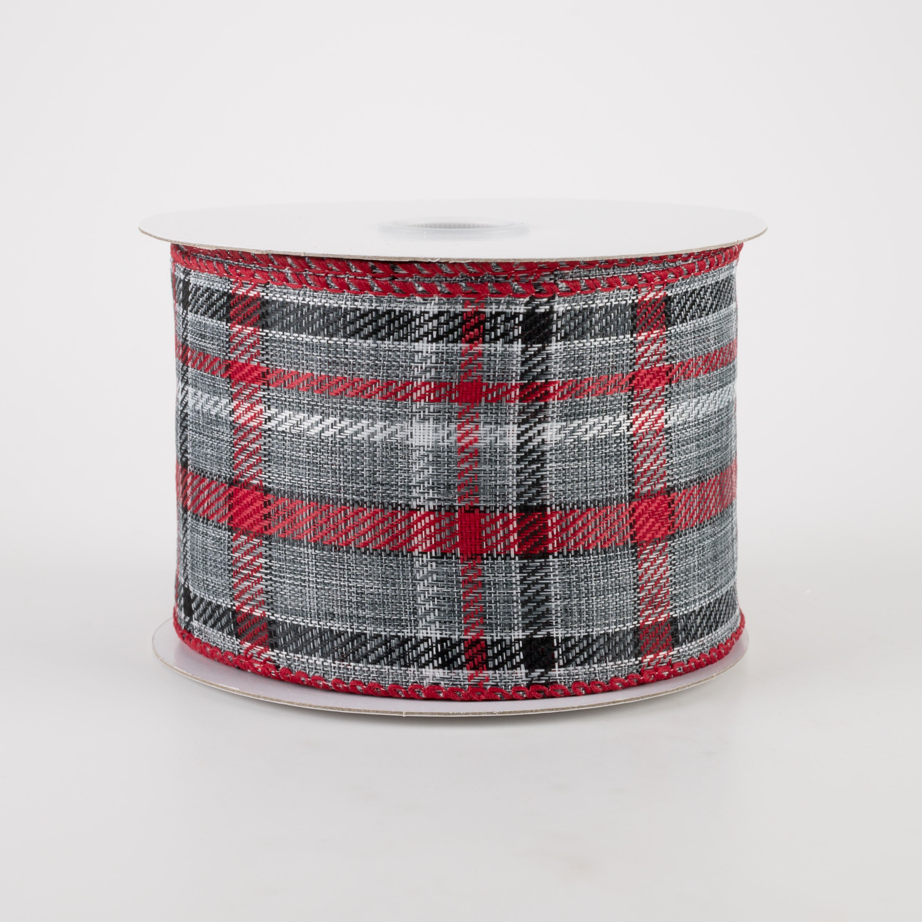 2.5" Woven Plaid Ribbon: Grey, White, Red, Black (10 Yards)