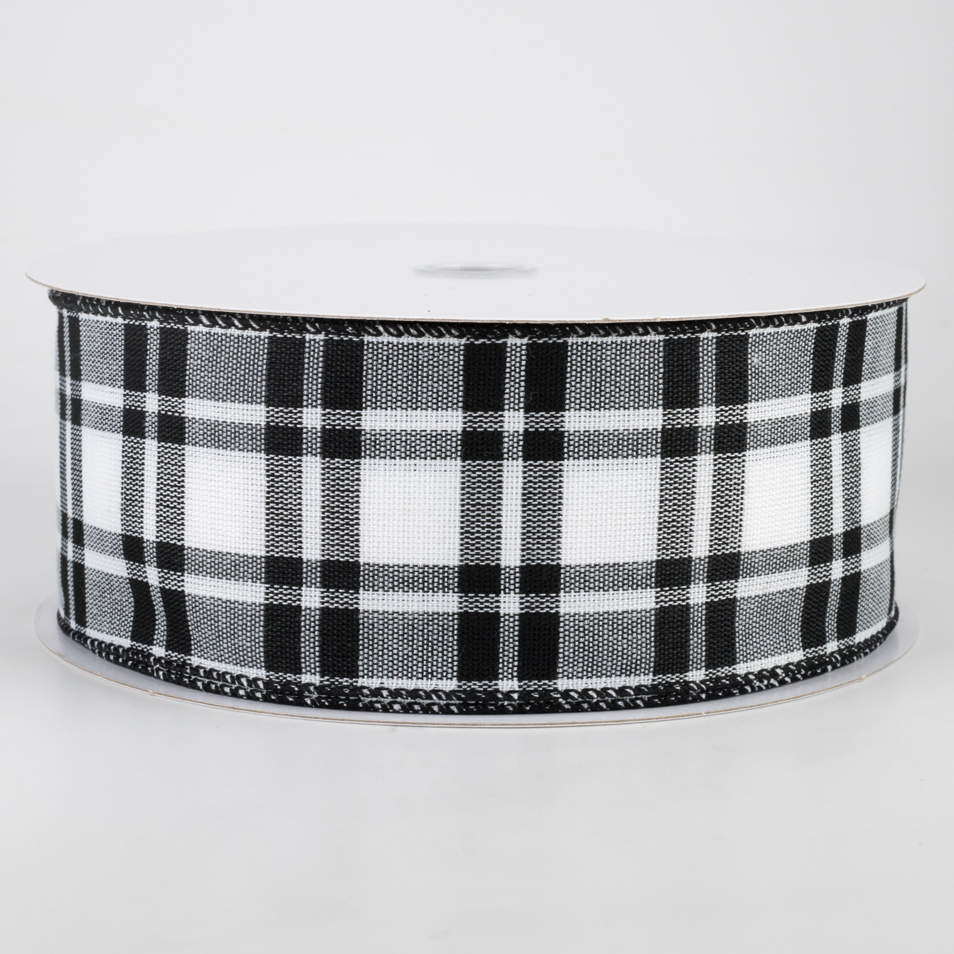 2.5" Woven Plaid Ribbon: White & Black (50 Yards)