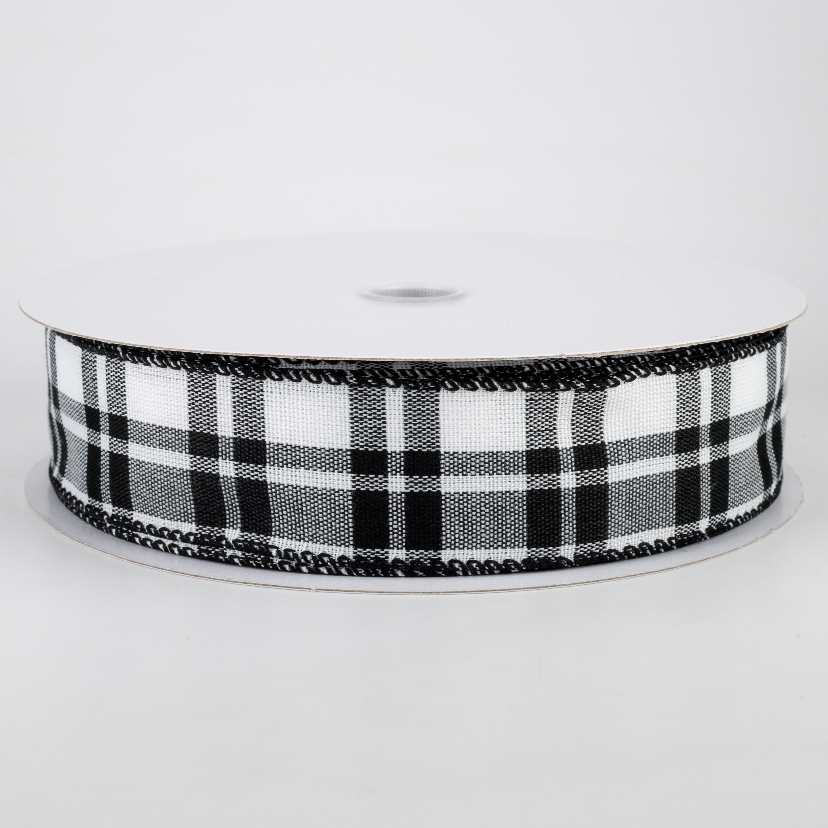 1.5" Woven Plaid Ribbon: White & Black (50 Yards)