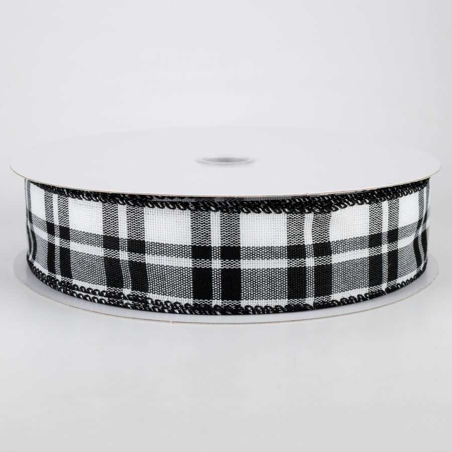 1.5" Woven Plaid Ribbon: White & Black (50 Yards)