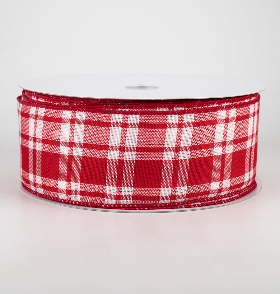 2.5" Woven Plaid Ribbon: White & Red (50 Yards)