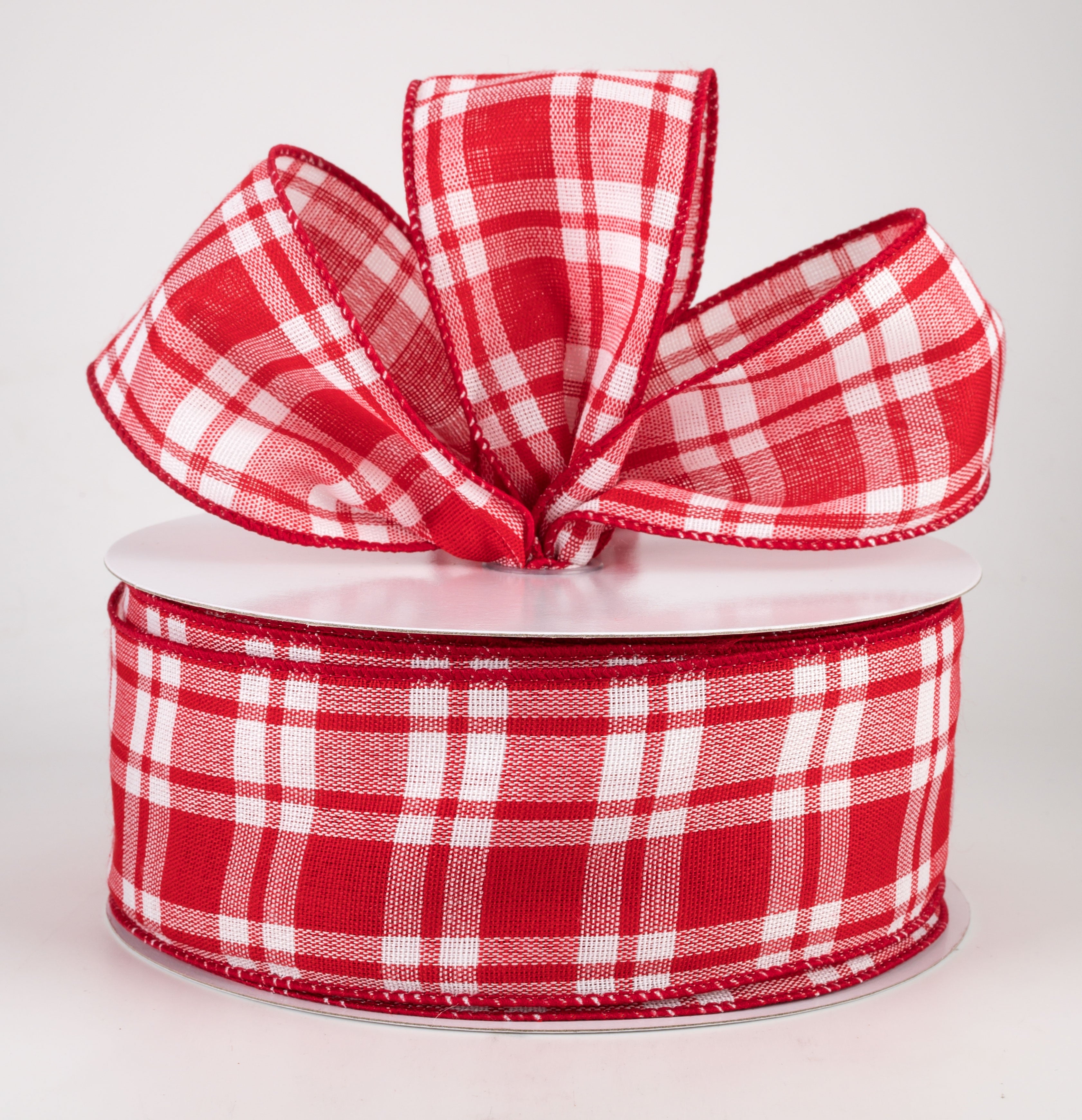 2.5" Woven Plaid Ribbon: White & Red (50 Yards) Lifestyle Photo