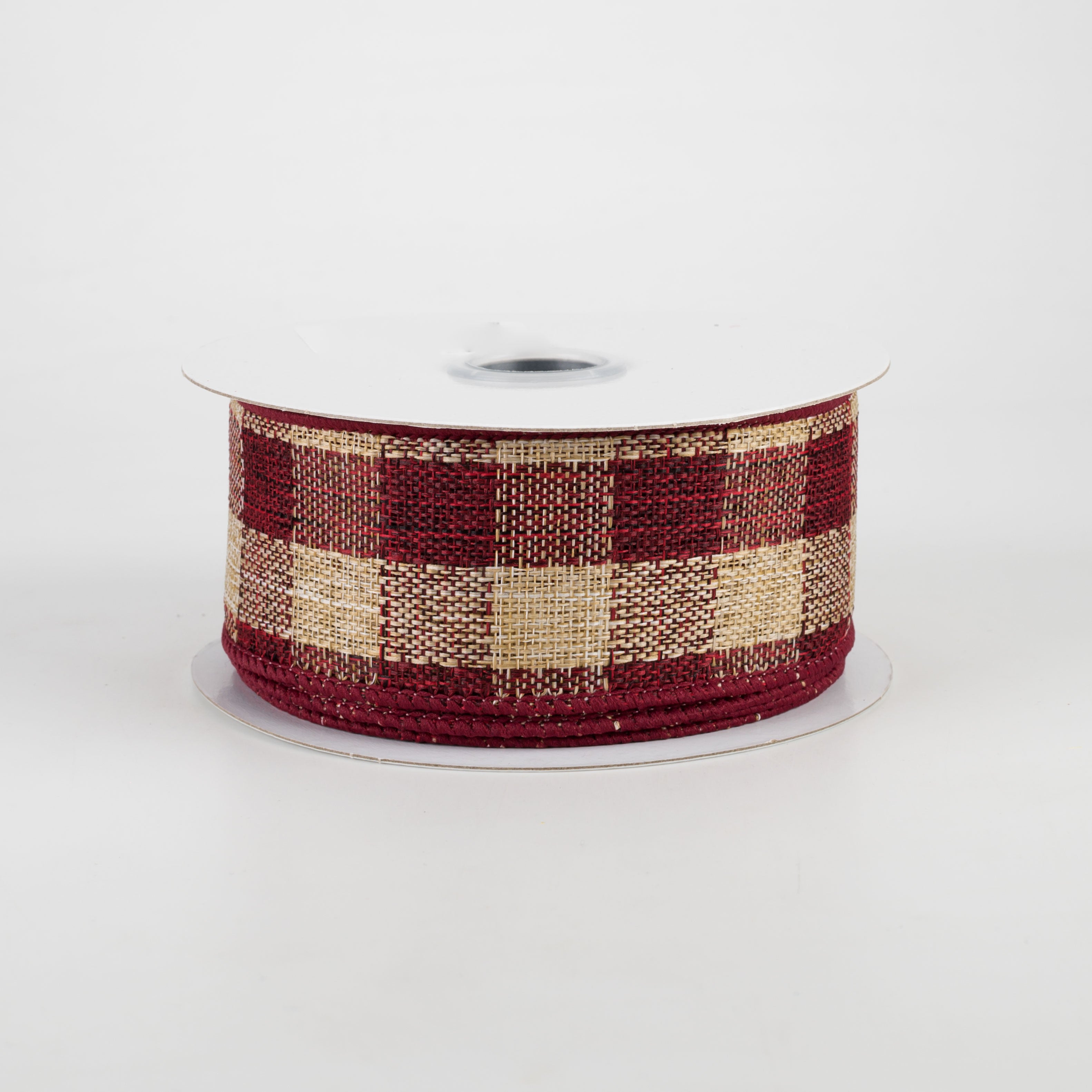 1.5" Woven Royal Burlap Check Ribbon: Burgundy & Beige (10 Yards)