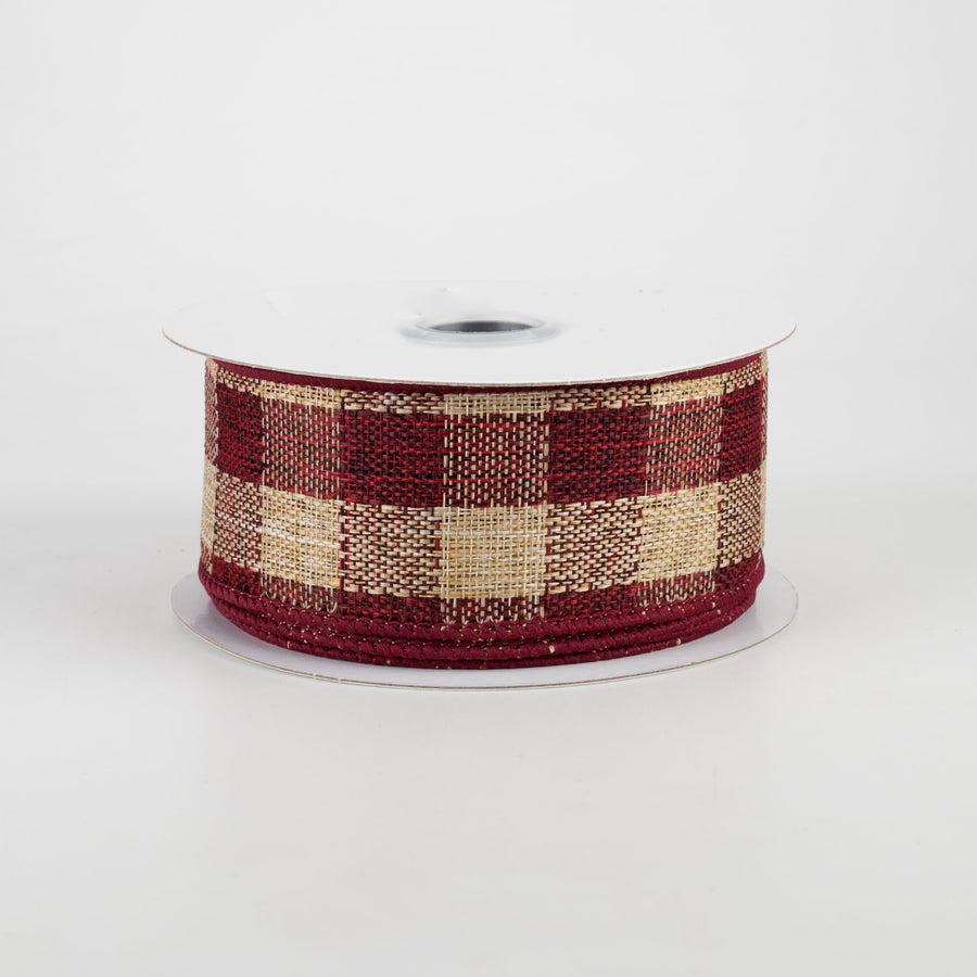 1.5" Woven Royal Burlap Check Ribbon: Burgundy & Beige (10 Yards)
