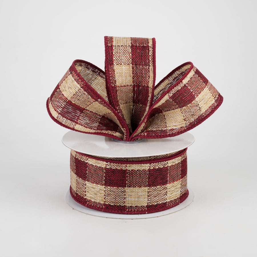 1.5" Woven Royal Burlap Check Ribbon: Burgundy & Beige (10 Yards) Lifestyle Photo