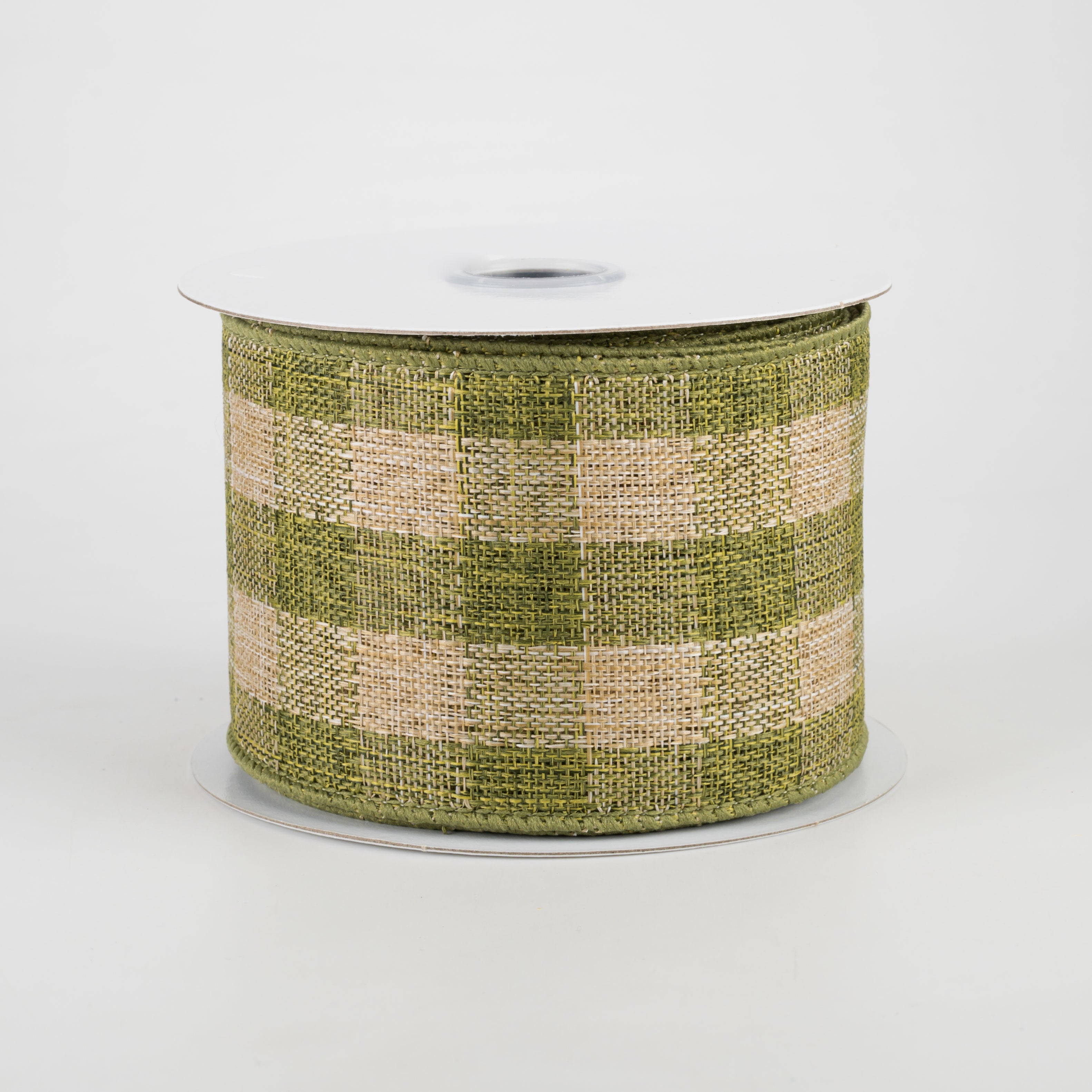 2.5" Woven Royal Burlap Check Ribbon: Moss Green & Beige (10 Yards)