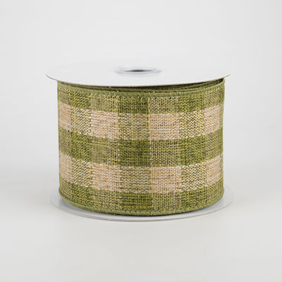 2.5" Woven Royal Burlap Check Ribbon: Moss Green & Beige (10 Yards)