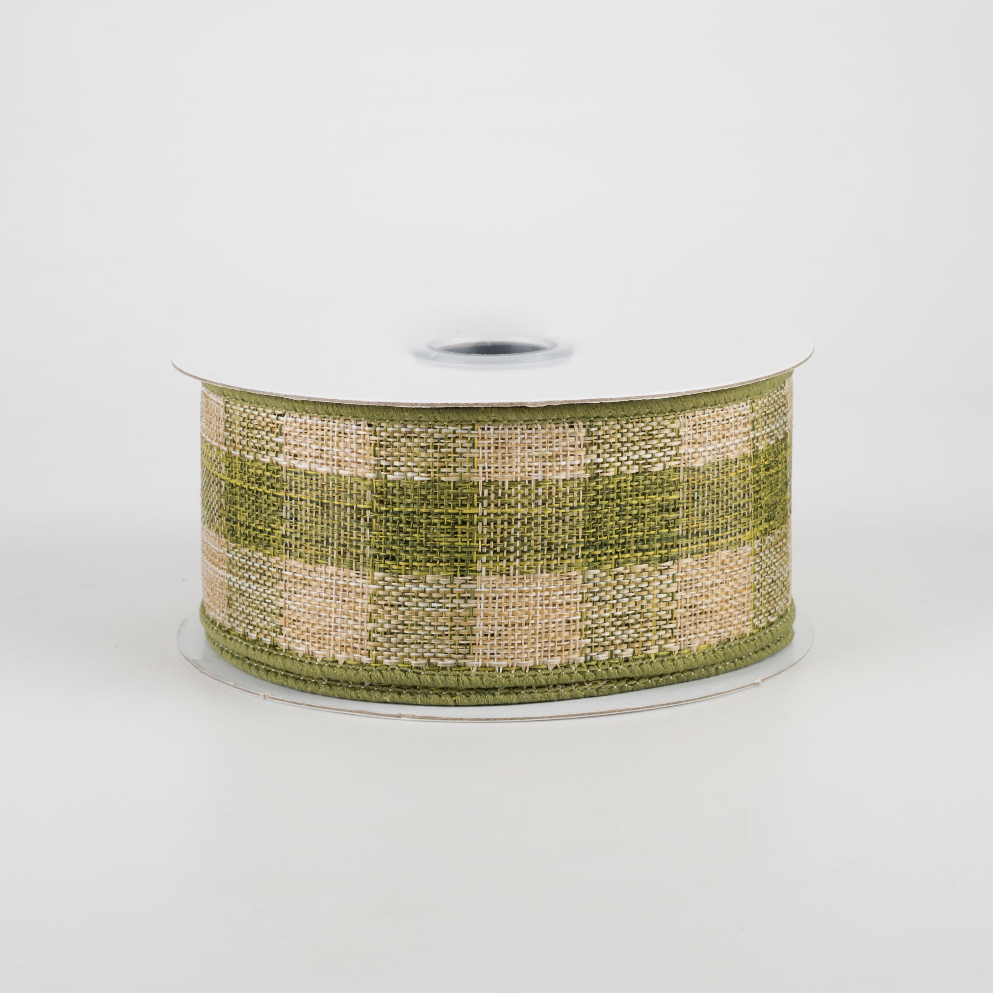 1.5" Woven Royal Burlap Check Ribbon: Moss Green & Beige (10 Yards)