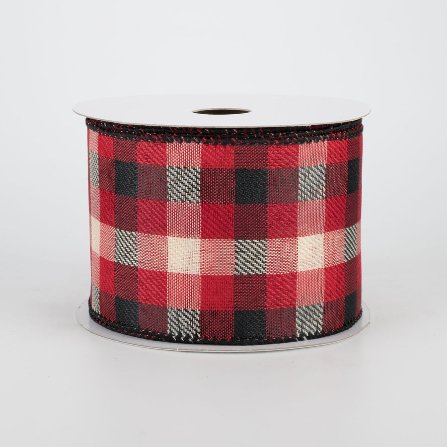 2.5" Woven Square Plaid Ribbon: Black, Red, Natural (10 Yards)