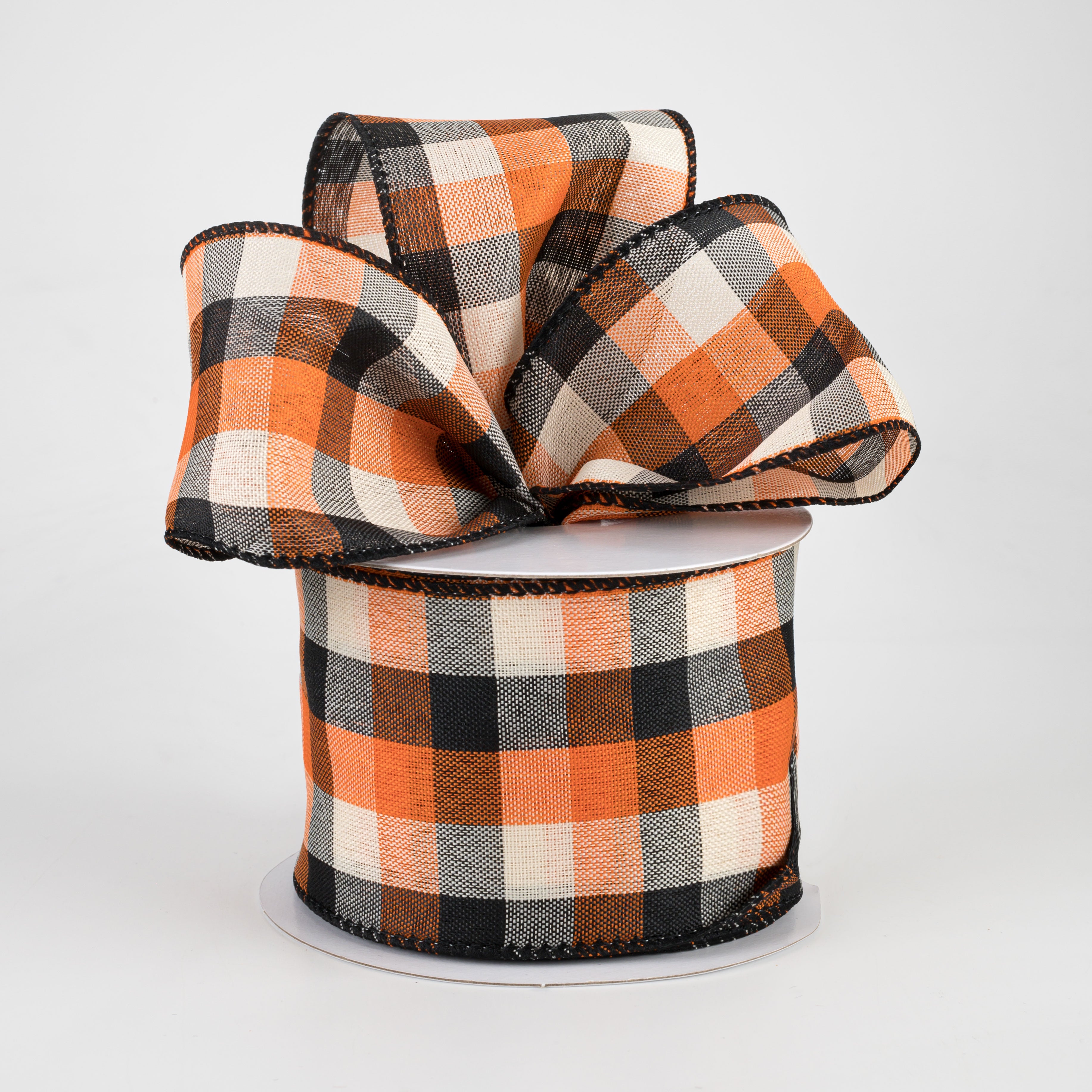 2.5" Woven Square Plaid Ribbon: Ivory, Orange, Black (10 Yards) Lifestyle Photo
