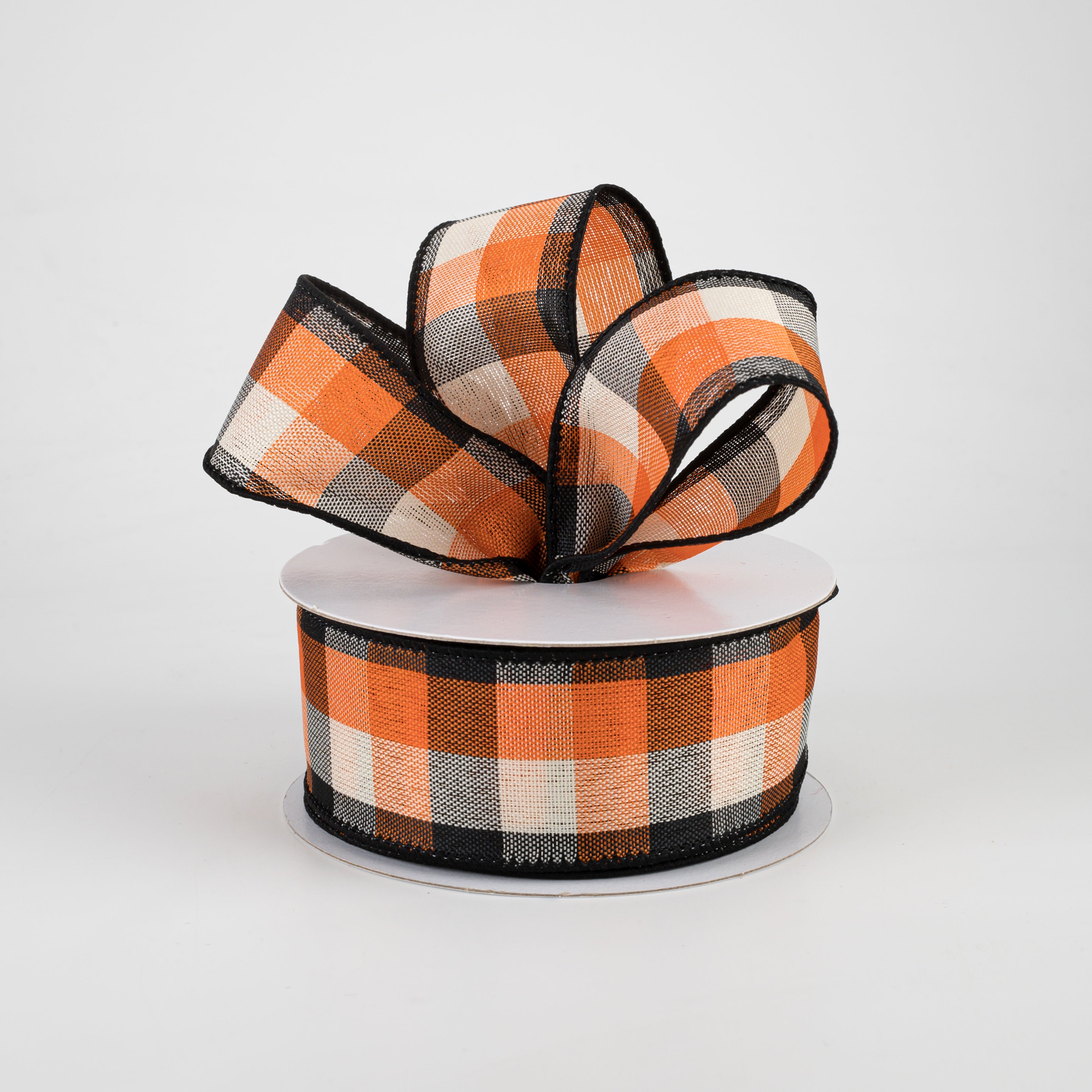 1.5" Woven Square Plaid Ribbon: Ivory, Orange, Black (10 Yards) Lifestyle Photo