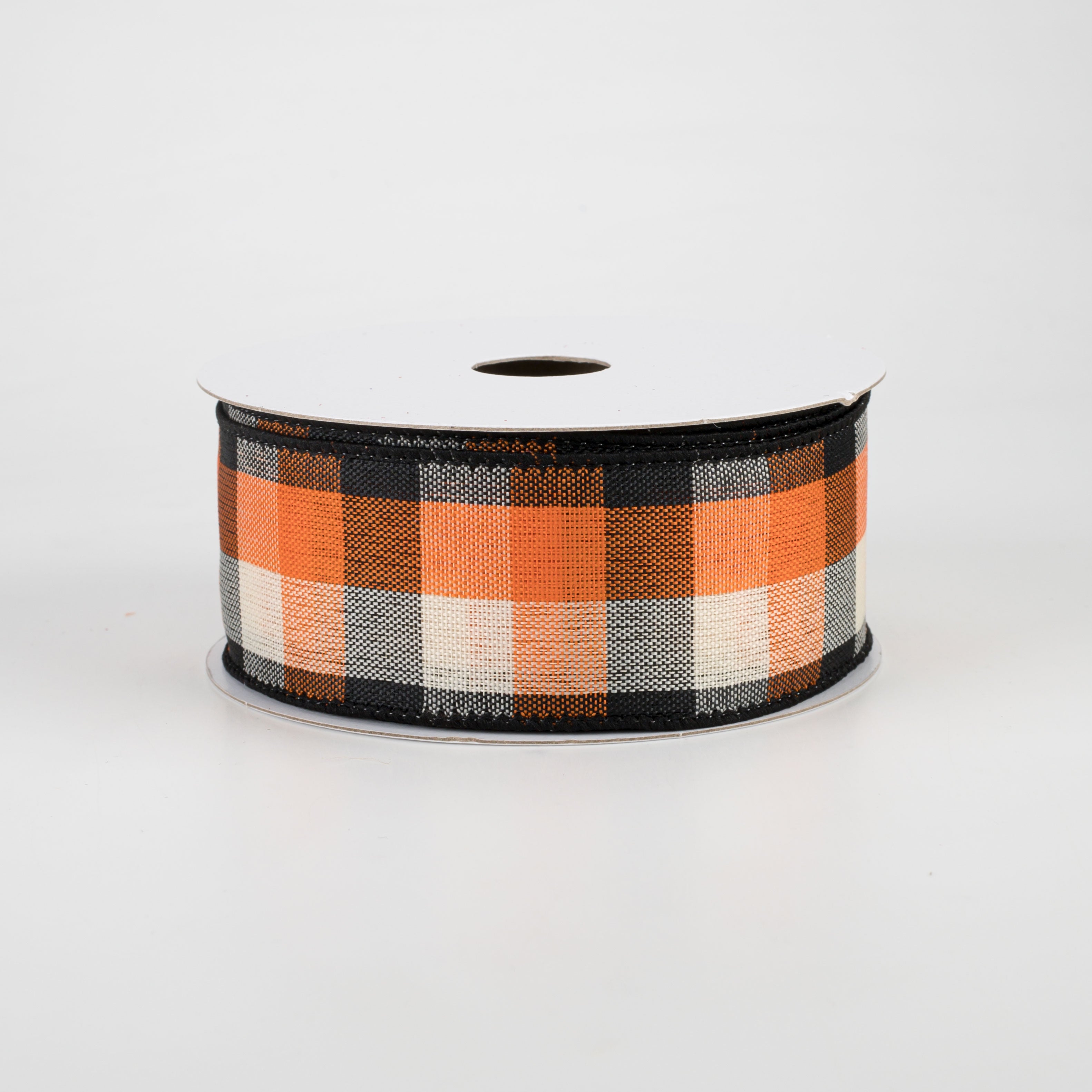 1.5" Woven Square Plaid Ribbon: Ivory, Orange, Black (10 Yards)