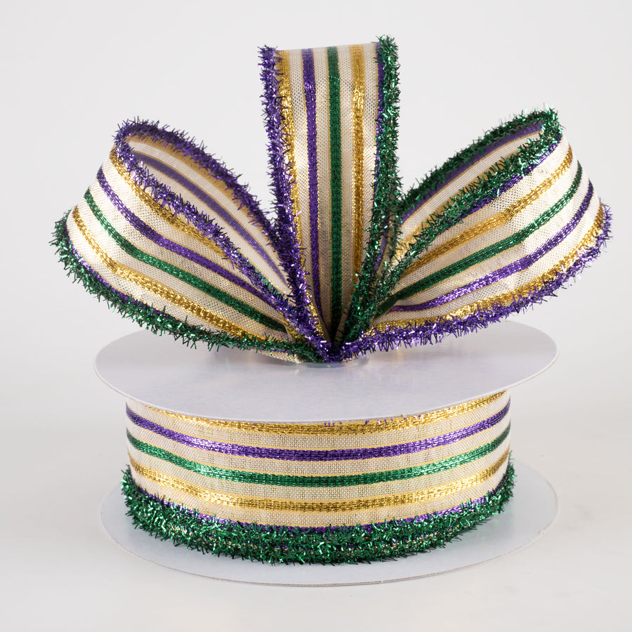 1.5" Woven Stripe Tinsel Edge Ribbon: Mardi Gras (10 Yards) Lifestyle Photo