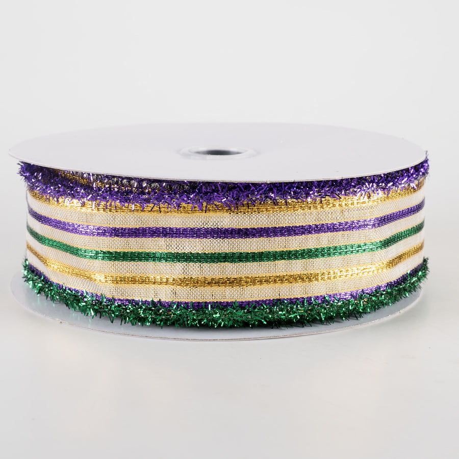 1.5" Woven Stripe Tinsel Edge Ribbon: Mardi Gras (10 Yards)