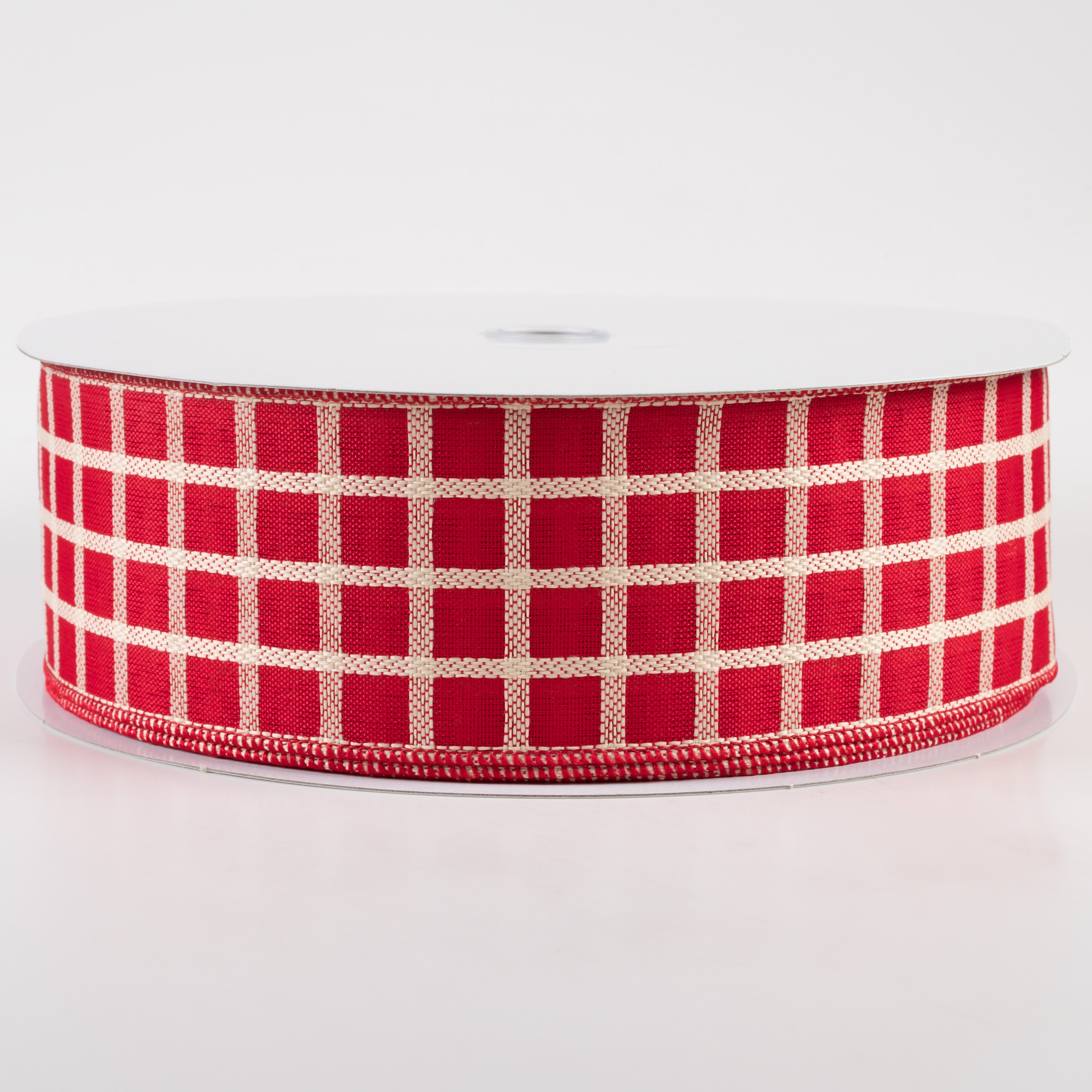 2.5" Woven Trellis Ribbon: Cream on Red (50 Yards)